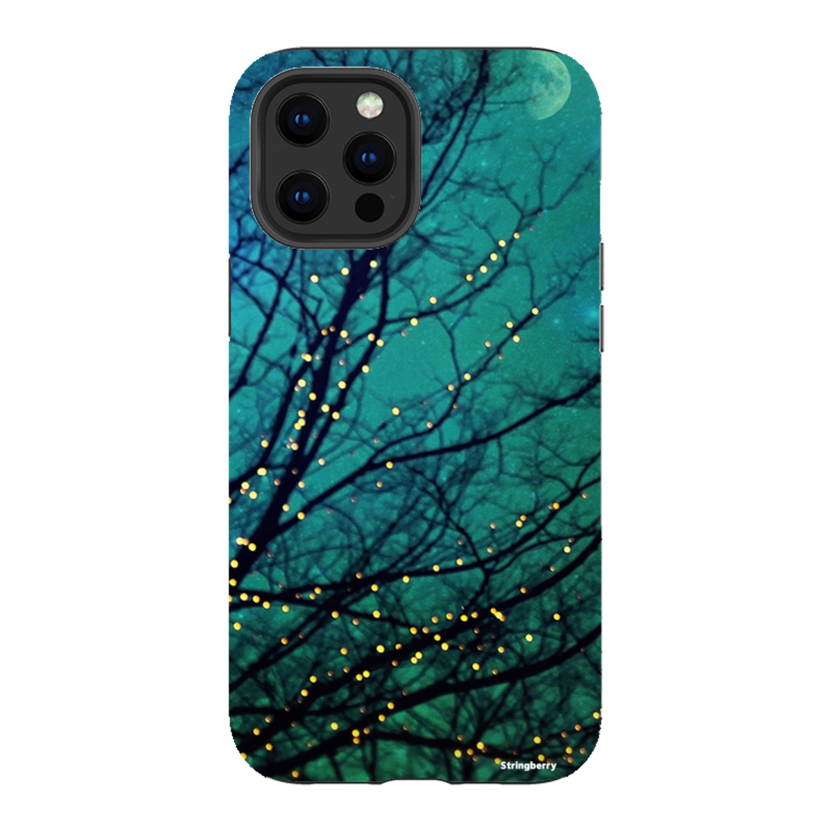 iPhone tough case featuring a teal night sky, silhouetted tree branches, and glowing fairy lights design.