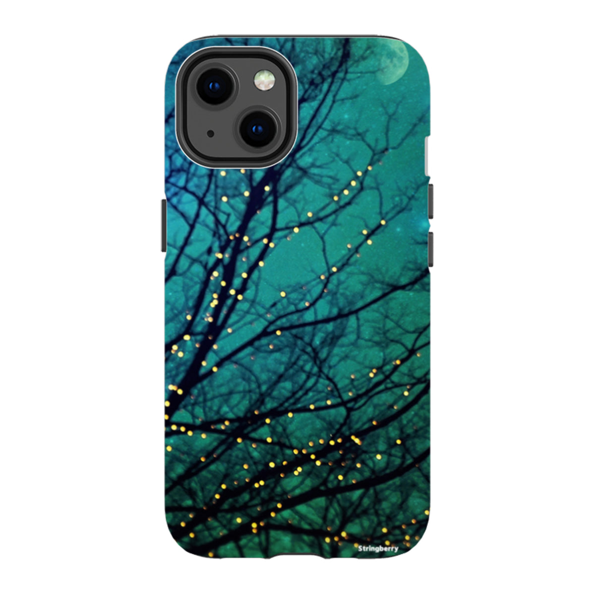 Dual-layer iPhone tough case featuring a teal night sky with silhouetted tree branches and glowing fairy lights.