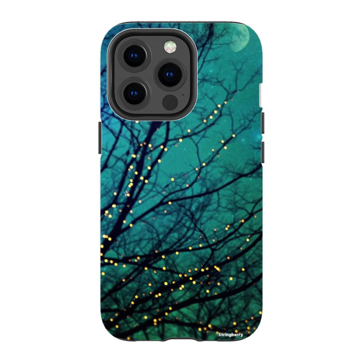 Magical Nights dual-layer iPhone tough case featuring a teal night sky with glowing tree branches and a full moon.