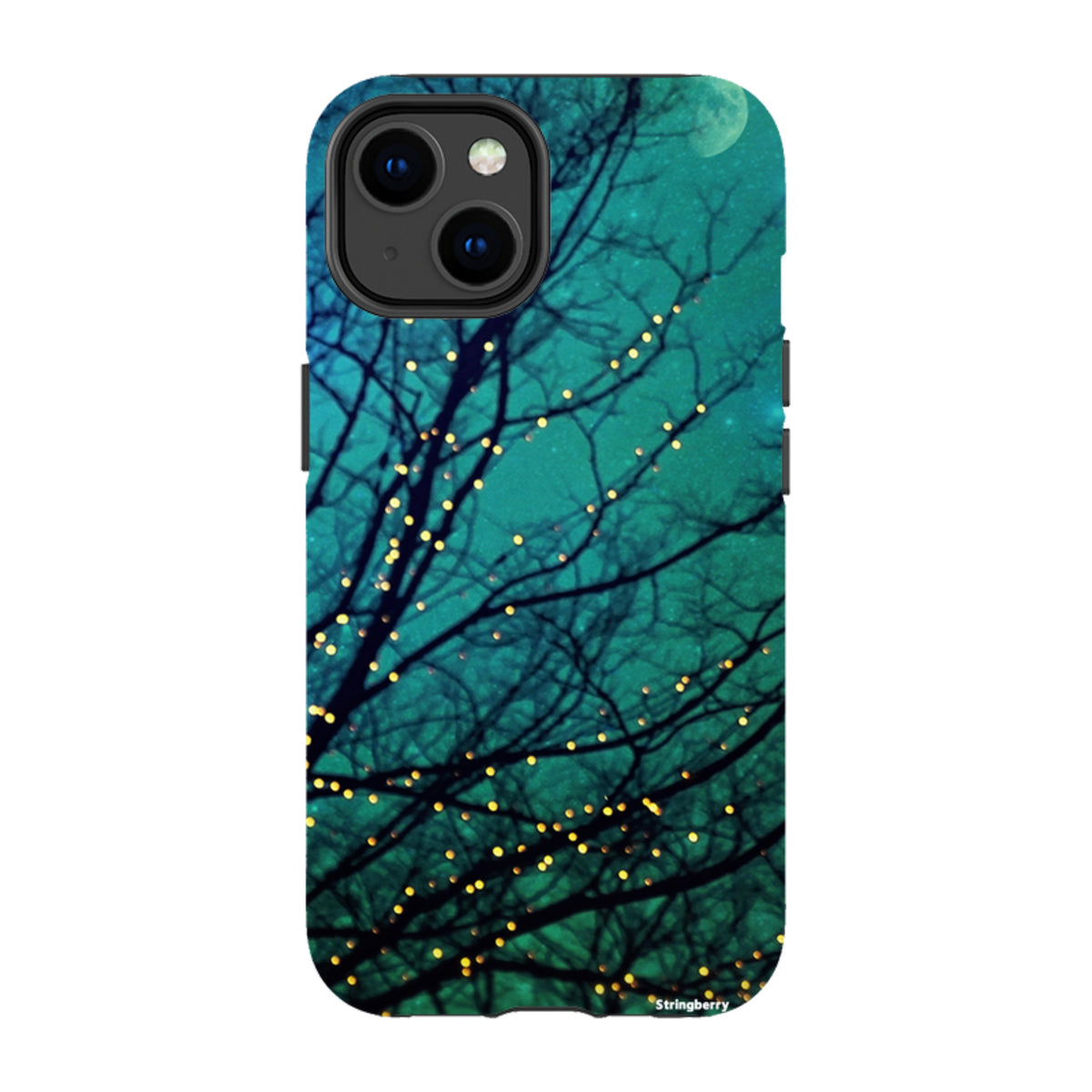 Dual-layer iPhone tough case featuring a teal night sky, silhouetted tree branches, and glowing golden fairy lights.