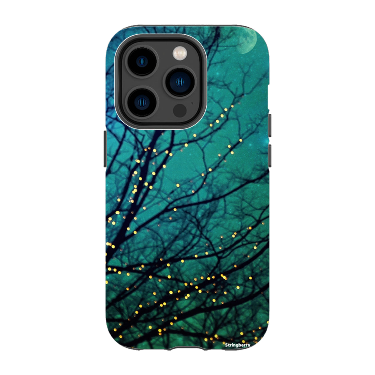 Dual-layer iPhone tough case featuring a teal night sky, dark tree silhouettes, and glowing fairy lights.