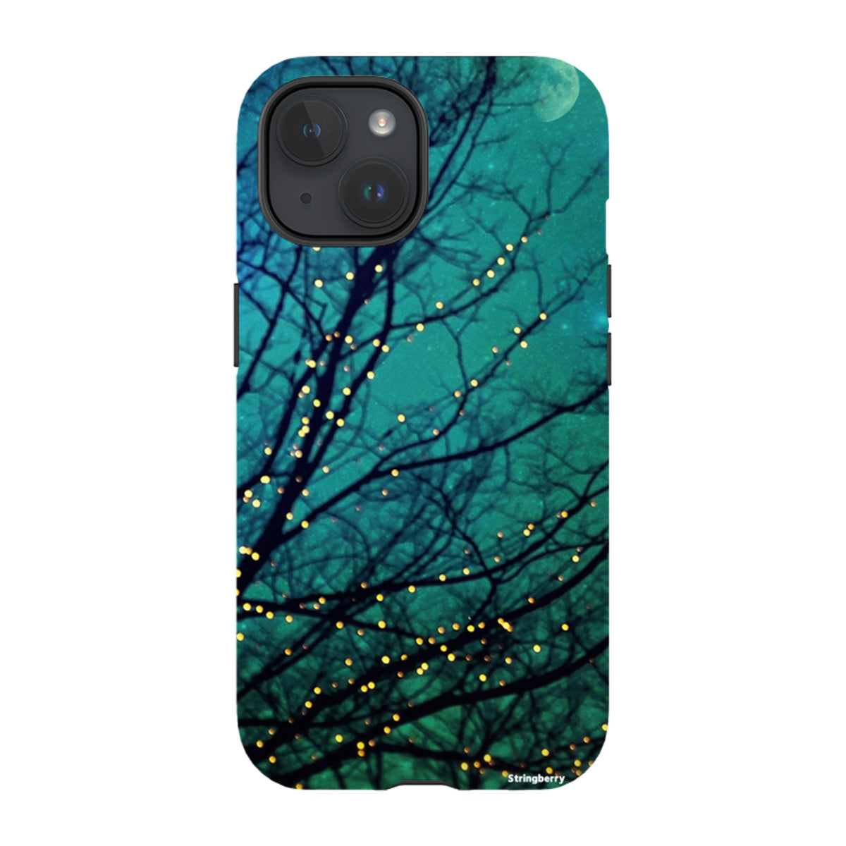 iPhone Tough Case featuring a magical night sky, dark tree silhouettes, and glowing fairy lights in teal and gold.