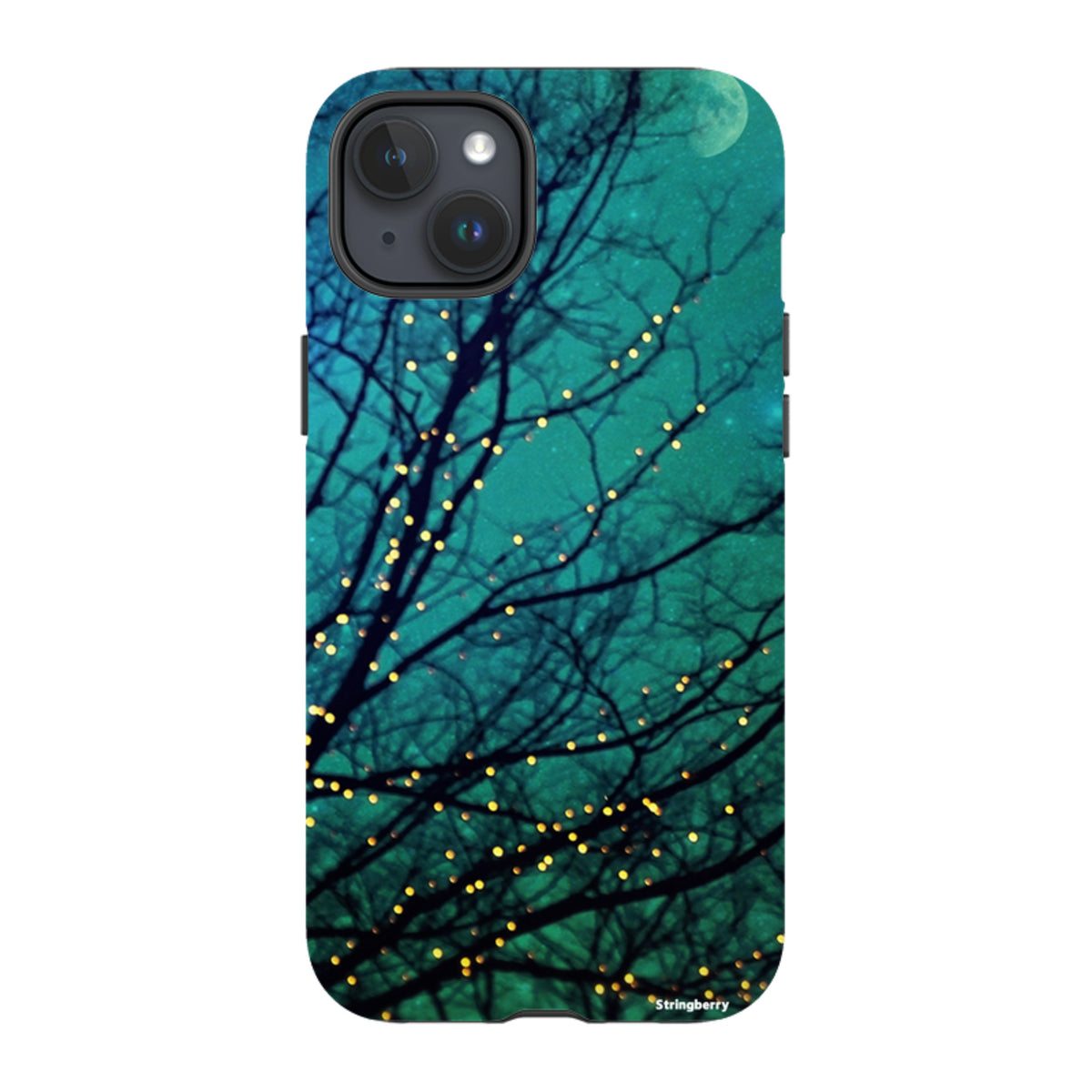 iPhone tough case featuring a teal night sky, silhouetted tree branches, and glowing fairy lights design.