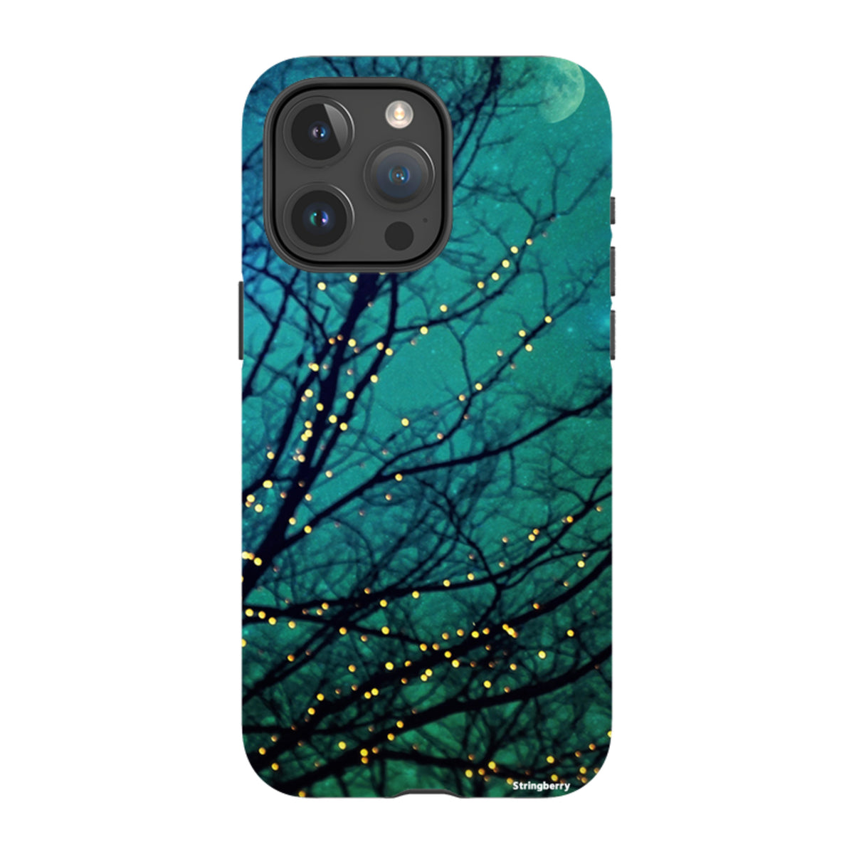 Magical Nights iPhone tough case featuring a teal night sky, silhouetted tree branches, and glowing golden fairy lights.