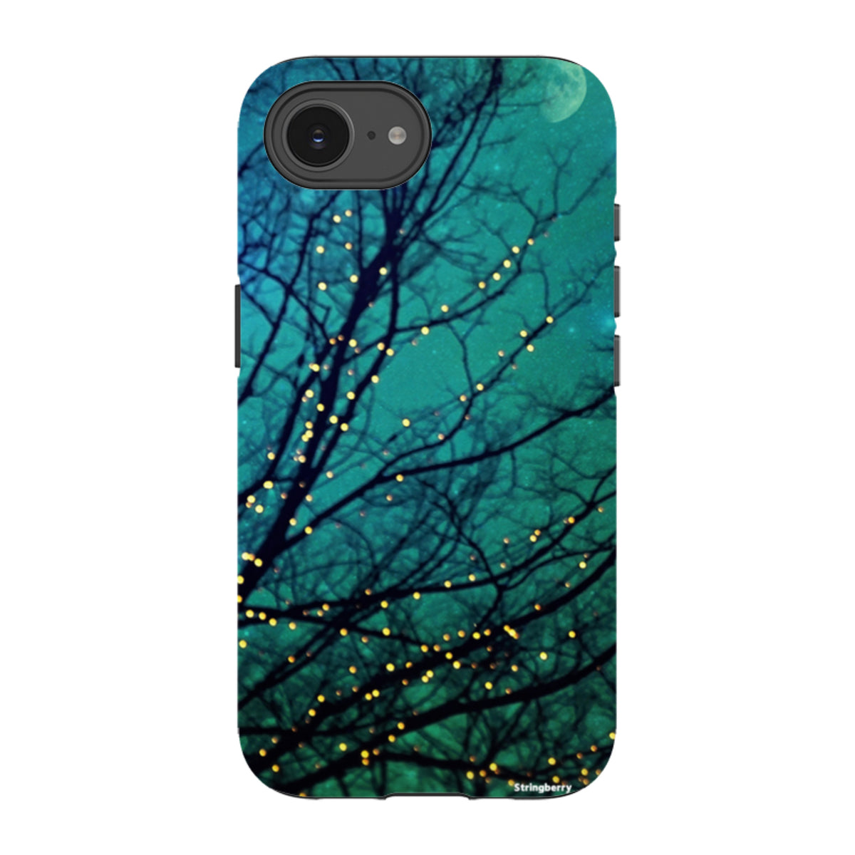 Magical Nights dual-layer iPhone tough case featuring a teal starry sky with silhouetted tree branches and fairy lights.