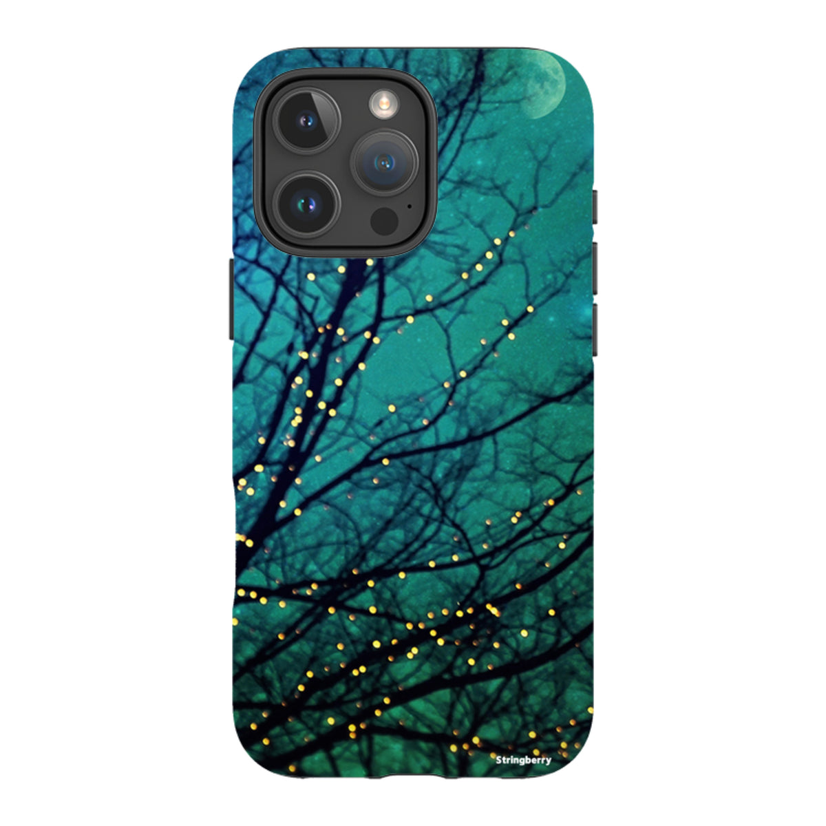 Magical Nights iPhone tough case with a teal starry sky, silhouetted tree branches, and glowing golden fairy lights.