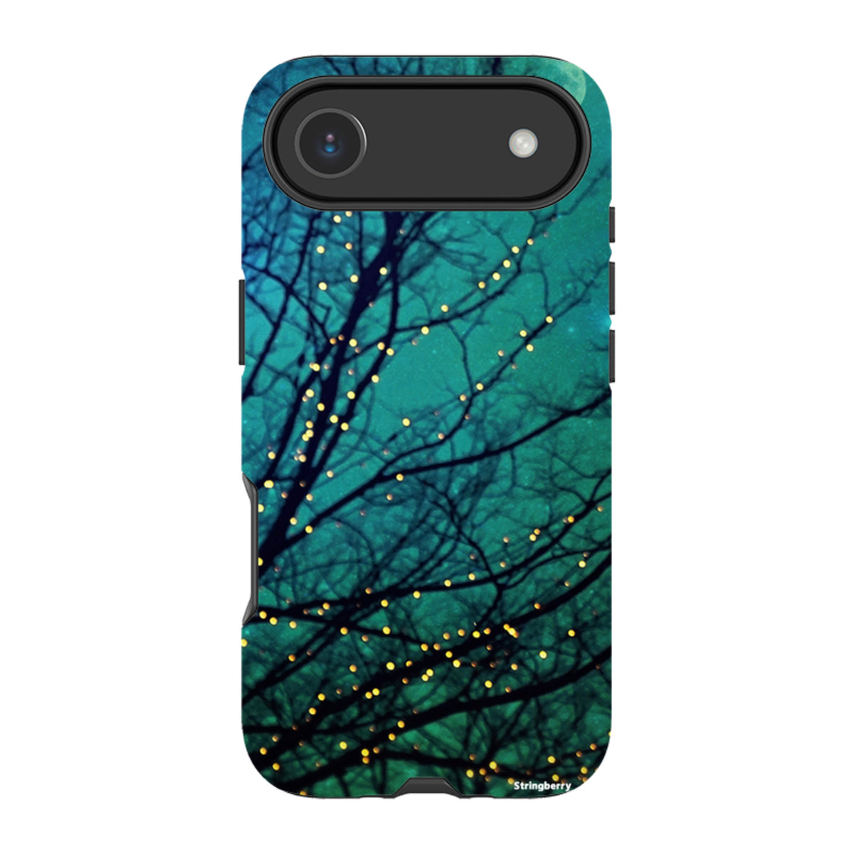 iPhone tough case featuring a teal night sky, silhouetted tree branches, and glowing fairy lights in dual-layer design.