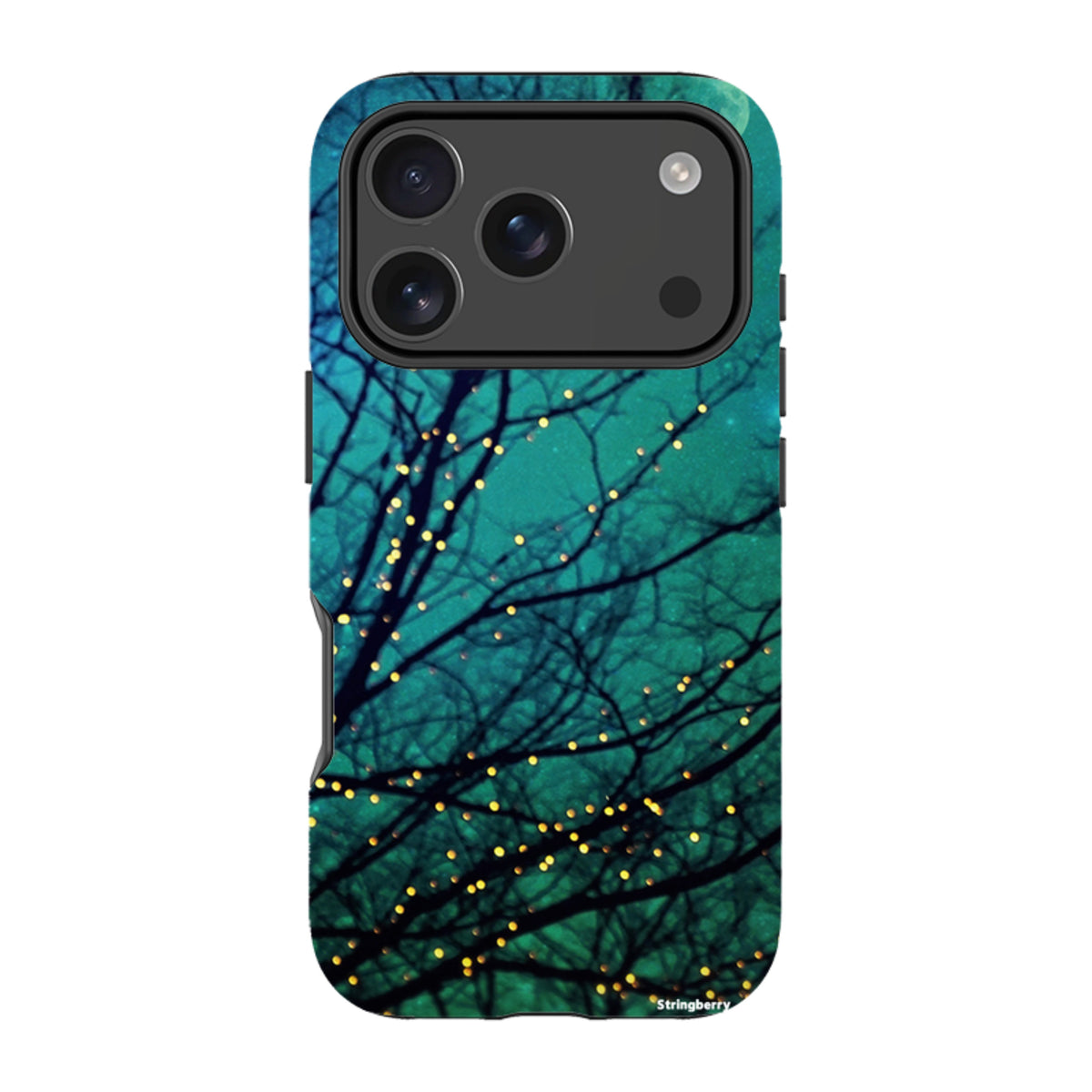 Magical Nights dual-layer iPhone case with teal night sky, silhouetted tree branches, and glowing fairy lights.
