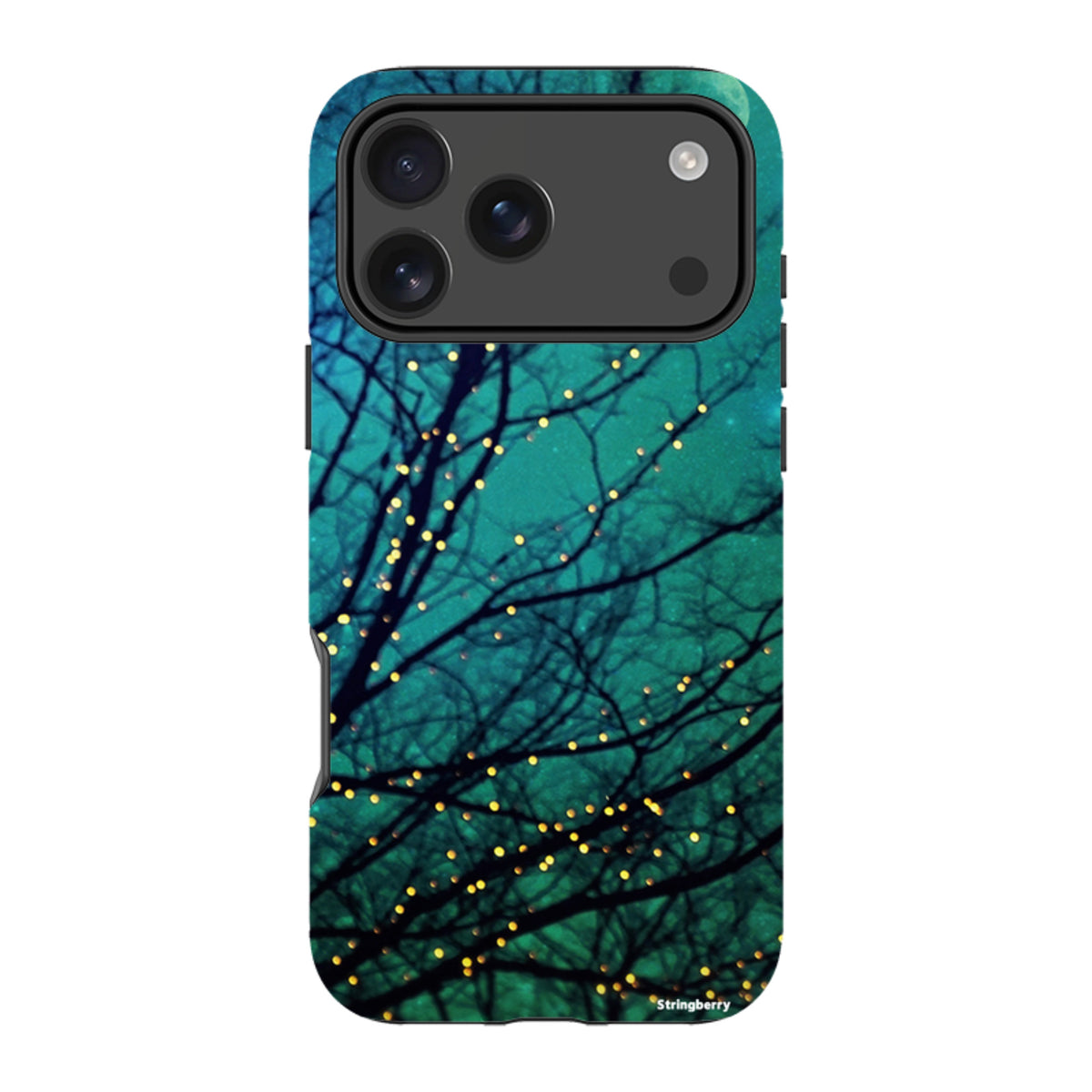 Dual-layer iPhone tough case featuring a teal night sky, dark tree silhouettes, and glowing fairy lights.