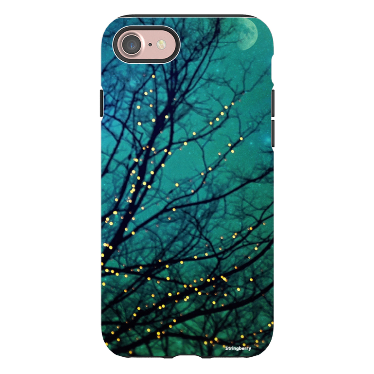 Dual-layer iPhone tough case featuring a teal night sky, silhouetted tree branches, and glowing golden fairy lights.