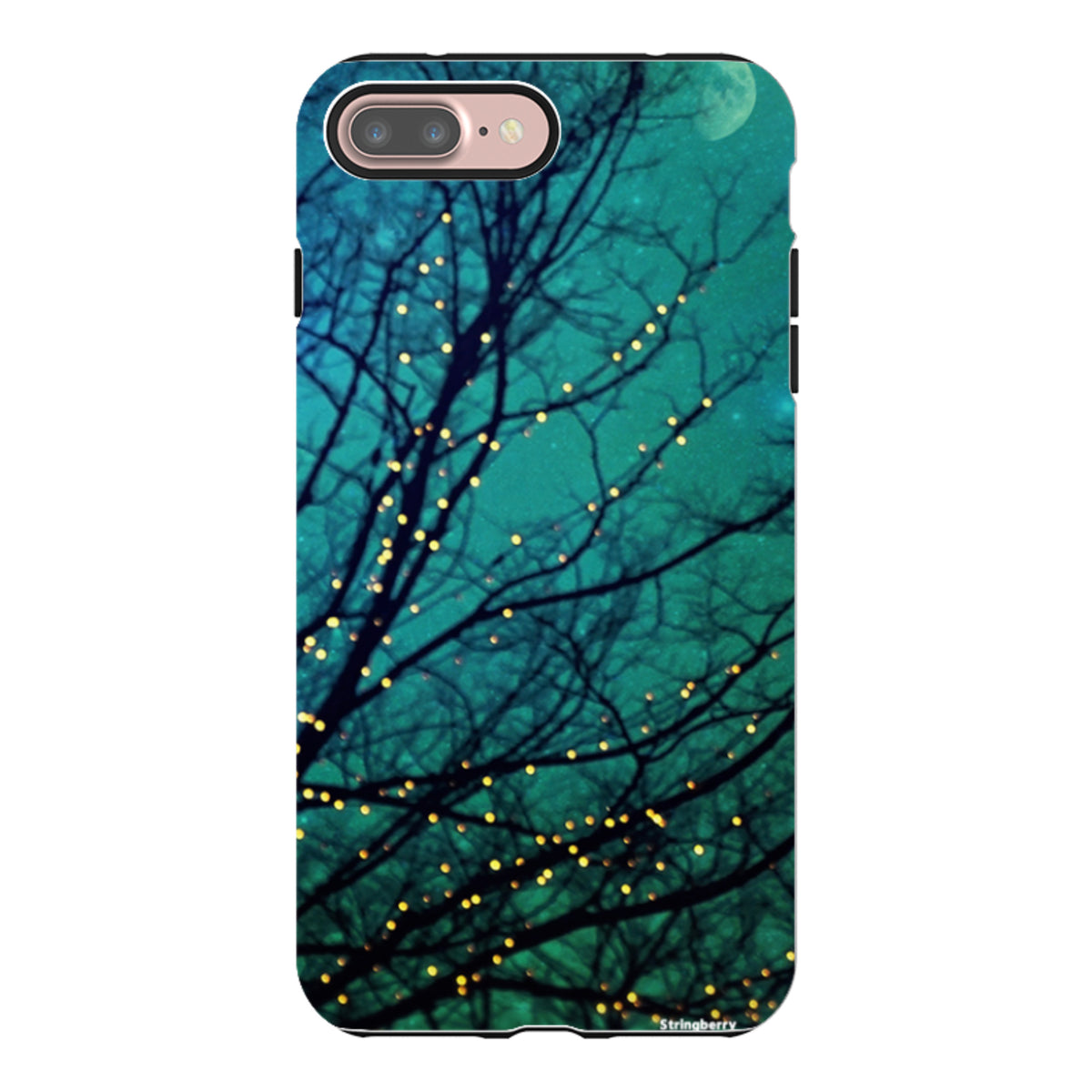 Magical Nights dual-layer iPhone tough case featuring a teal starry night sky and glowing tree branches.