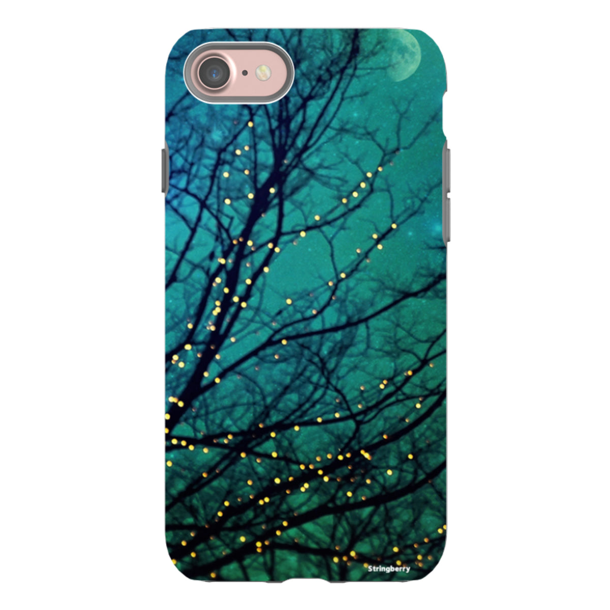 Magical Nights dual-layer iPhone tough case featuring a teal starry sky and glowing fairy lights in tree branches.