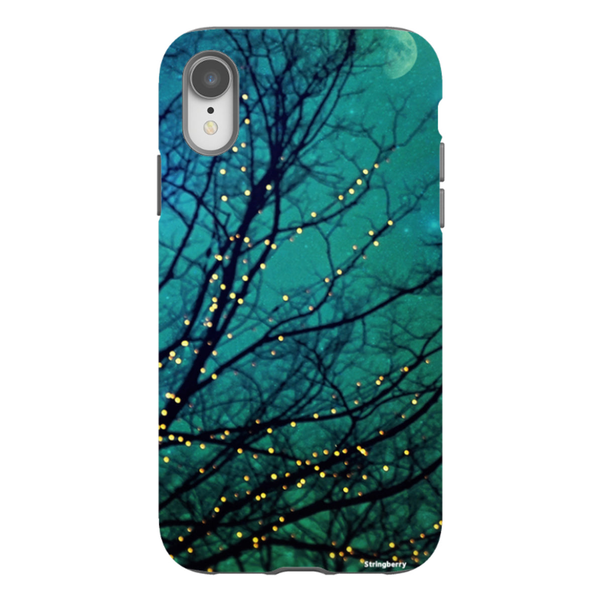 iPhone Tough Case featuring a teal night sky, silhouetted tree branches, and glowing fairy lights in a dual-layer design.