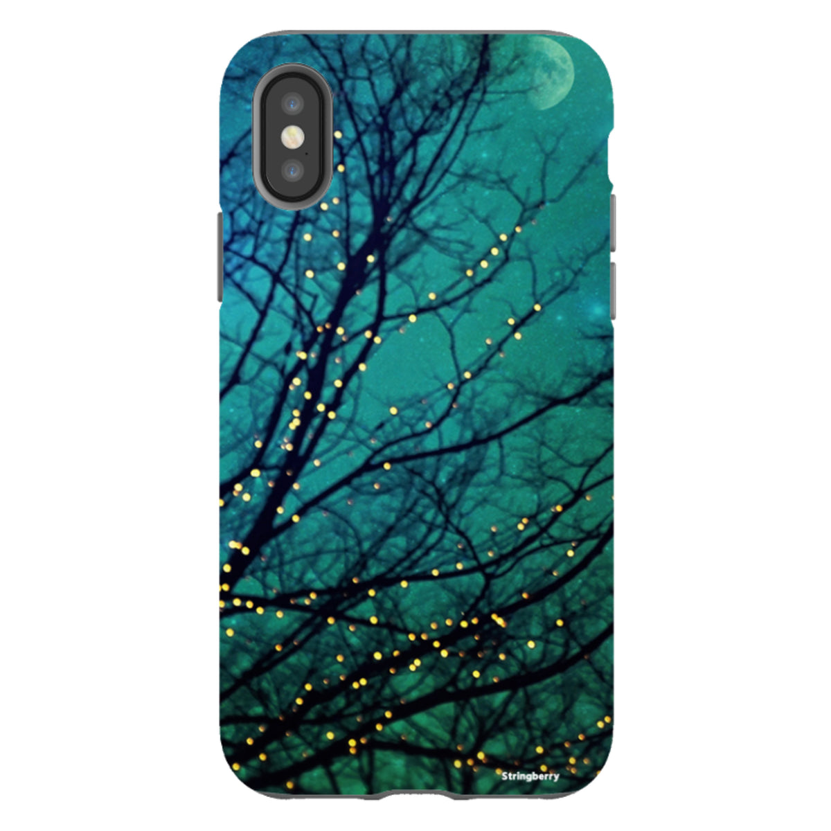 Dual-layer iPhone tough case featuring a teal night sky, silhouetted tree branches, and glowing fairy lights.