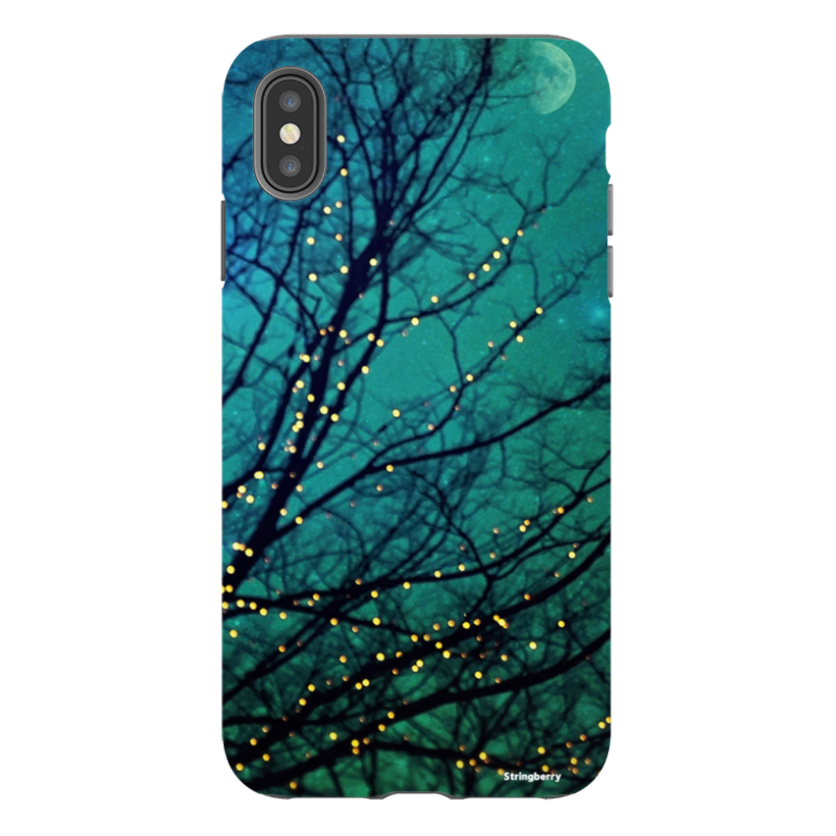 iPhone tough case with a teal night sky, silhouette tree branches, and glowing fairy lights design.