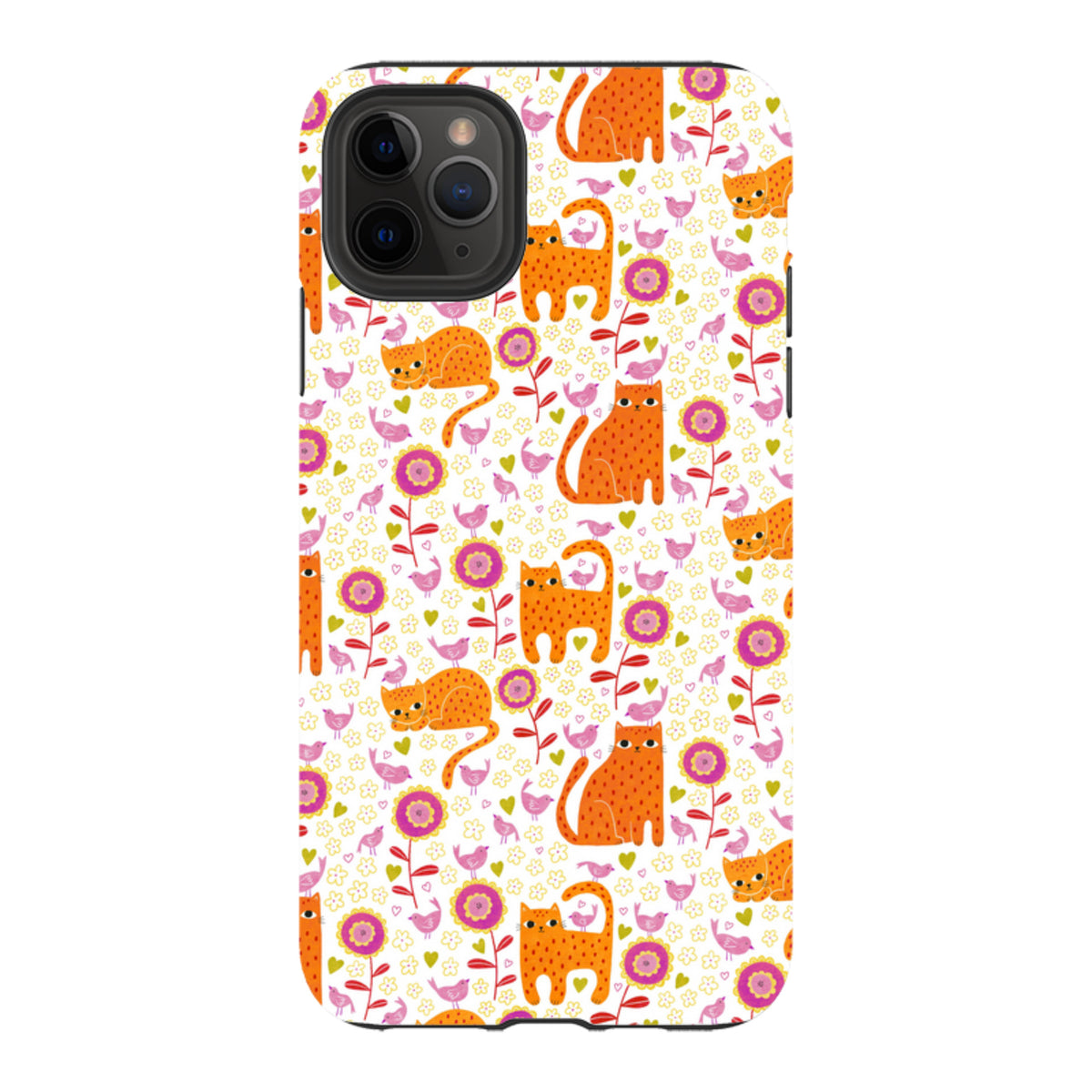 iPhone tough case featuring a colorful pattern of orange marmalade cats, pink flowers, and small birds on white.
