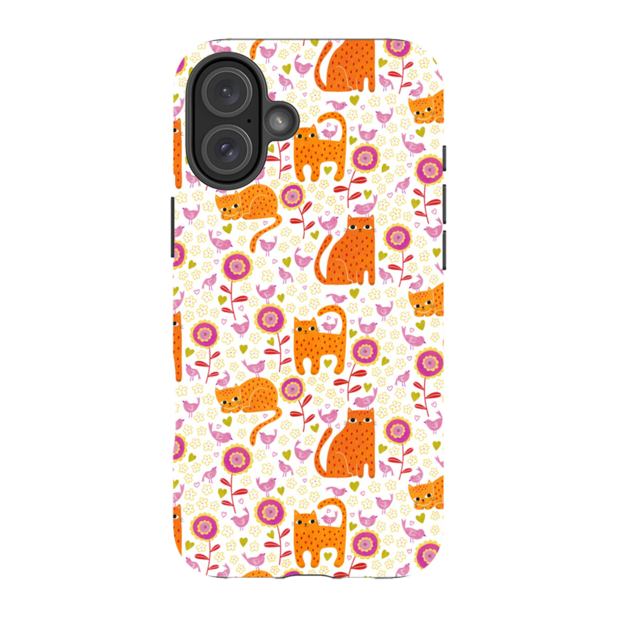 iPhone tough case featuring a white background with orange marmalade cats, pink flowers, and small birds.