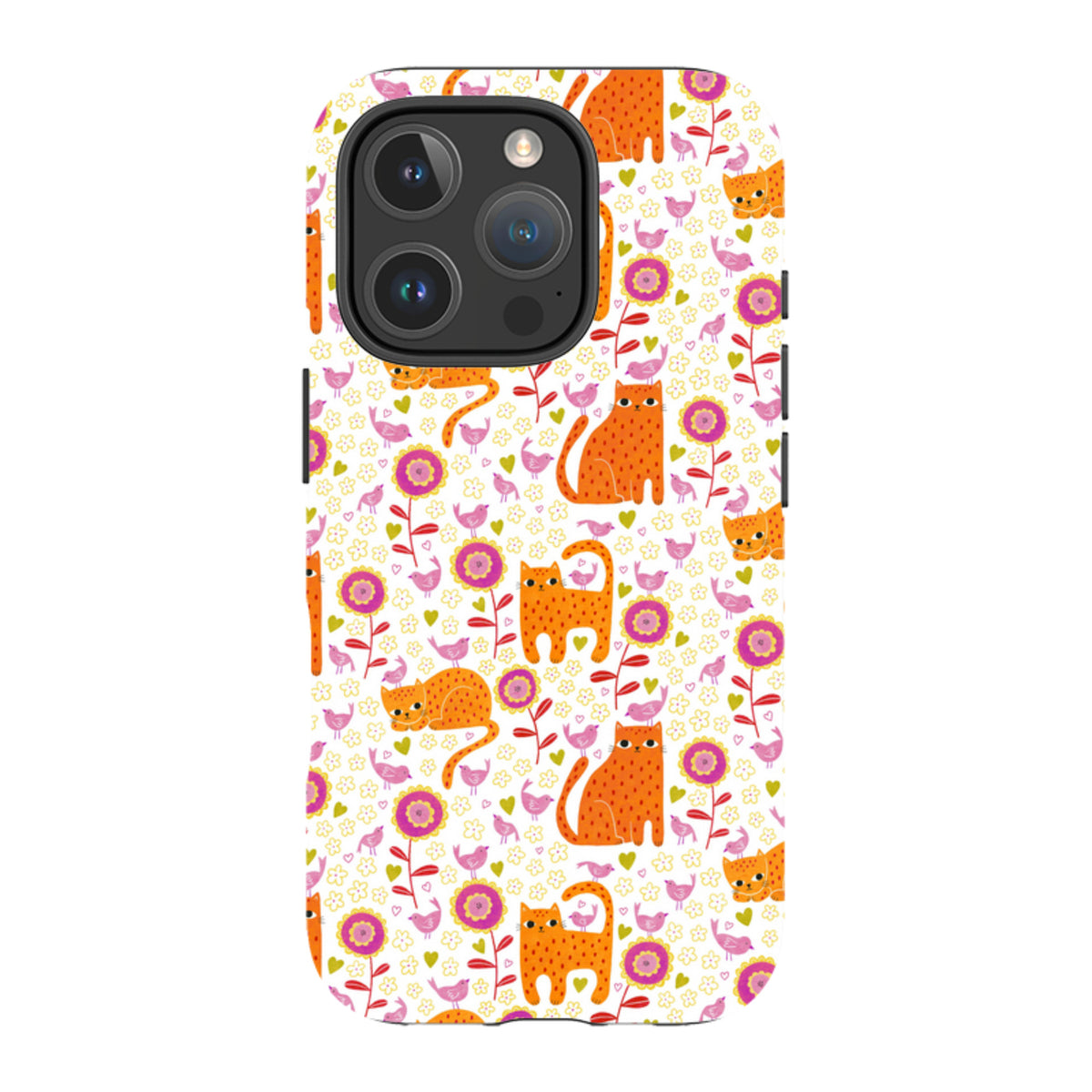 iPhone tough case featuring a colorful pattern of orange marmalade cats, pink flowers, and birds on a white background.