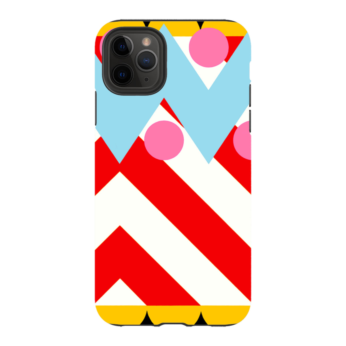iPhone tough case featuring Masagon artwork with red and white stripes, blue zigzags, and pink circles on a white background.