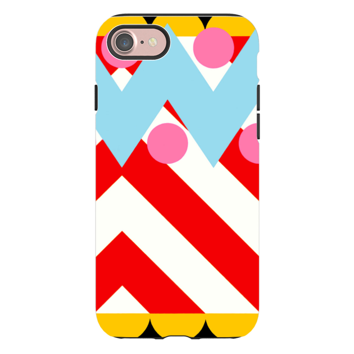 iPhone Tough Case featuring a vibrant geometric pattern with red stripes, blue zigzags, and pink circles on a white background.