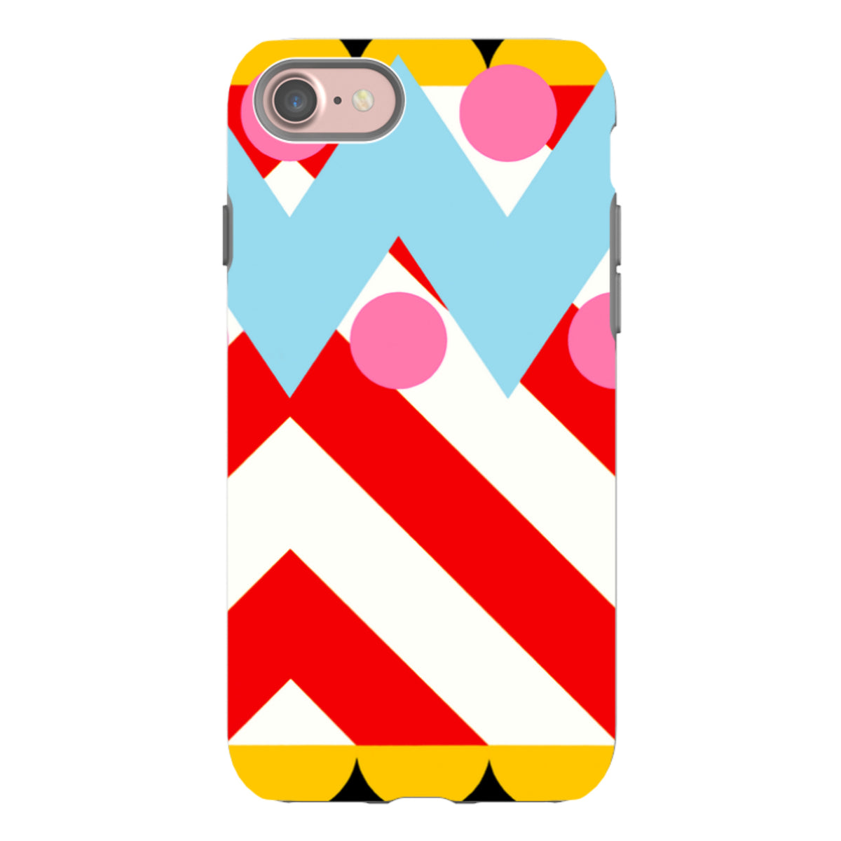 iPhone Tough Case featuring Masagon geometric art with red stripes, blue zigzags, and pink circles on a white background.