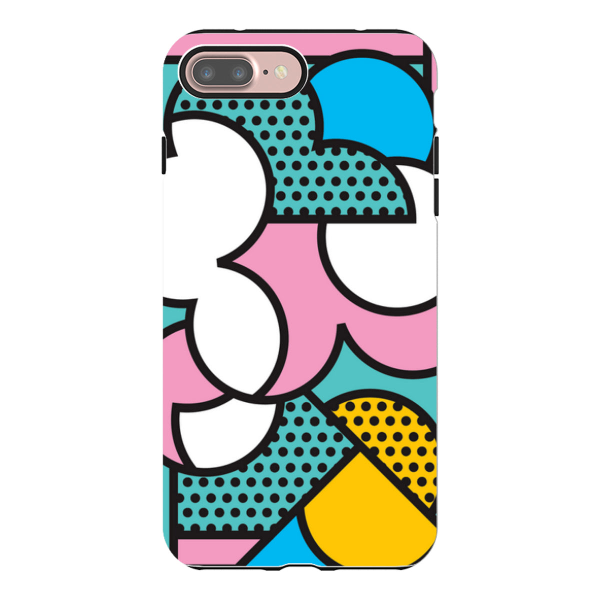 iPhone tough case with a vibrant, abstract geometric pattern in pink, blue, and yellow with black polka dot accents.