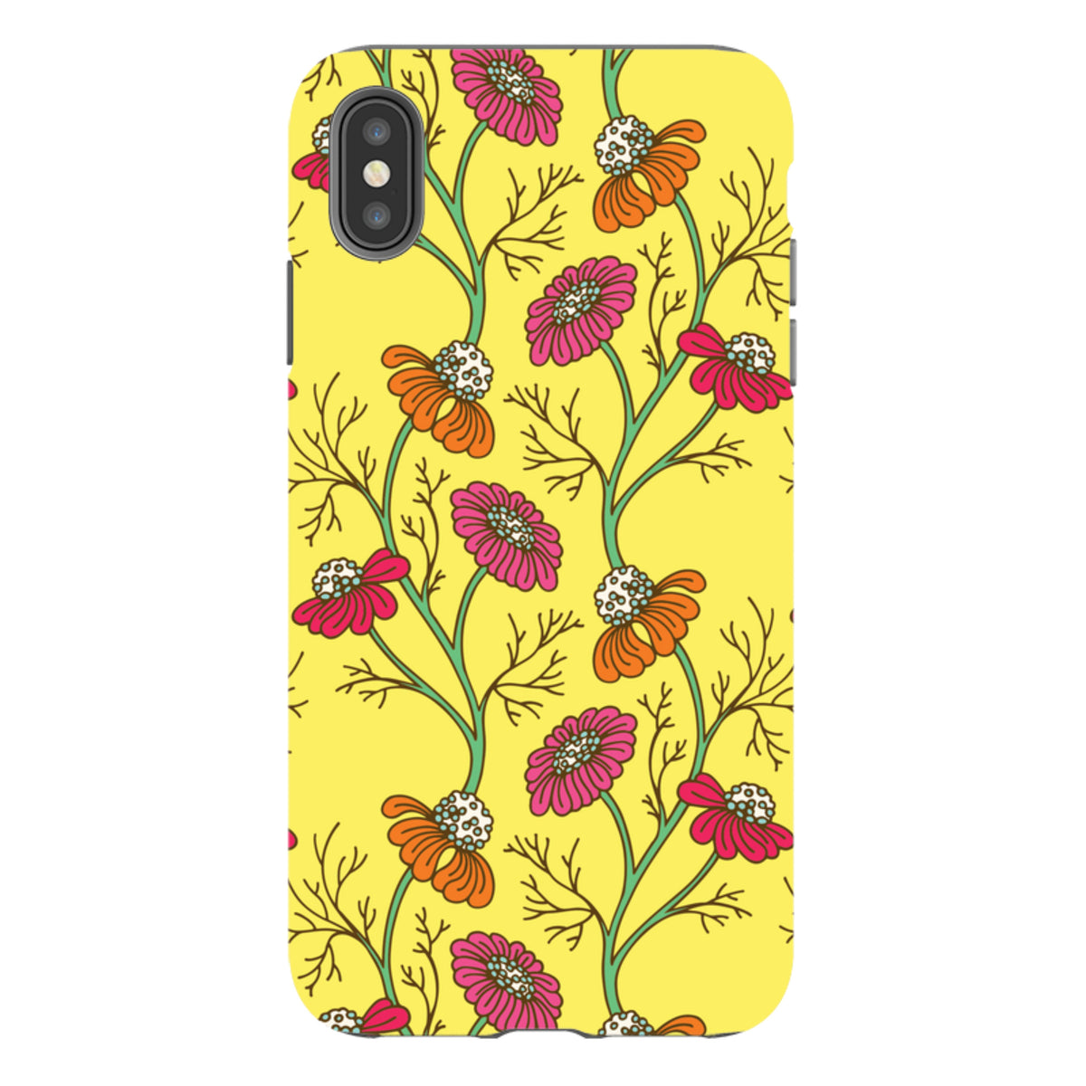 iPhone tough case with a yellow background and a vibrant floral pattern of pink and orange May Weed flowers.