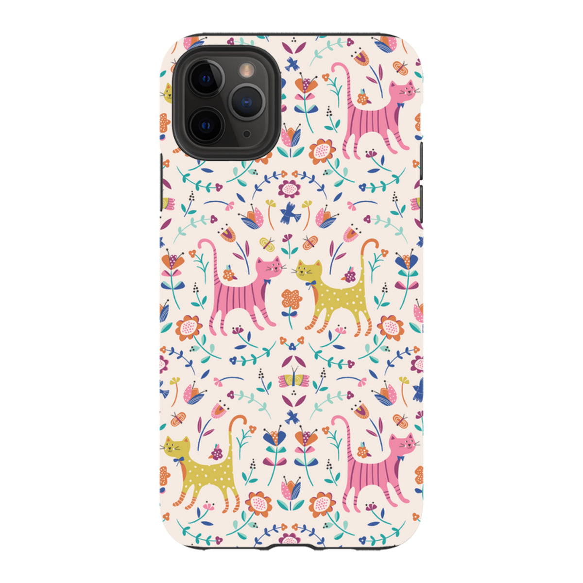 Dual-layer iPhone tough case featuring a colorful cat and floral pattern by Ali Brookes on a cream background.