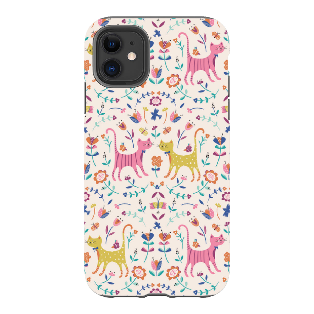Dual-layer iPhone tough case featuring a colorful, whimsical pattern of cats, flowers, and butterflies on a cream background.