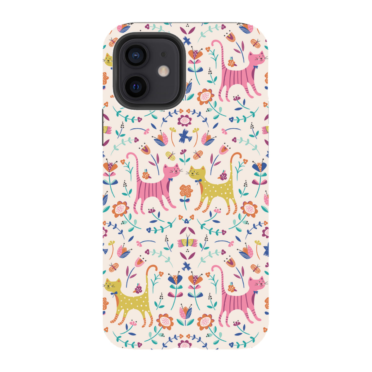 iPhone tough case featuring a colorful, whimsical pattern of cats, flowers, and butterflies on a cream background.