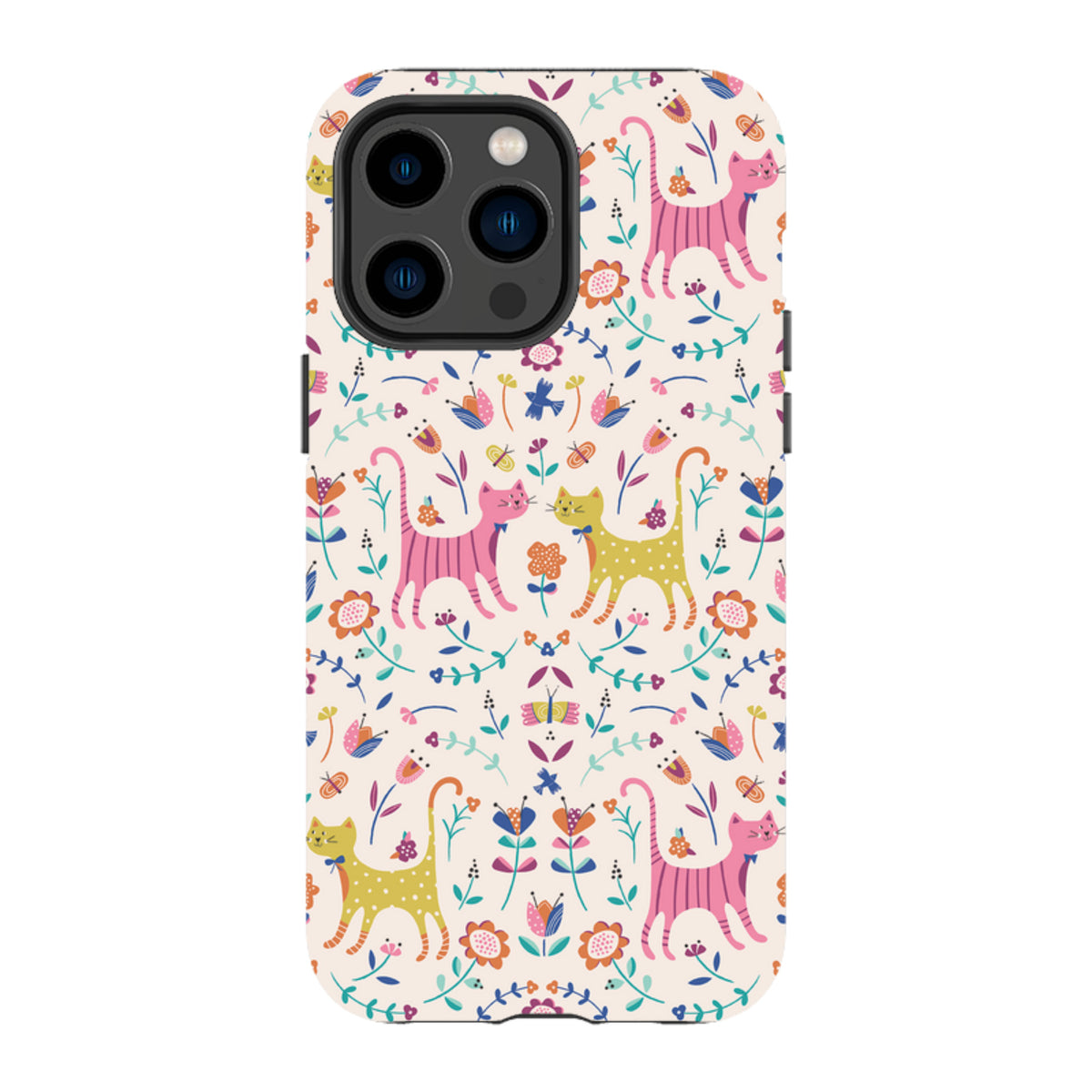 iPhone tough case with a cream background featuring a colorful pattern of pink and yellow cats, flowers, and butterflies.