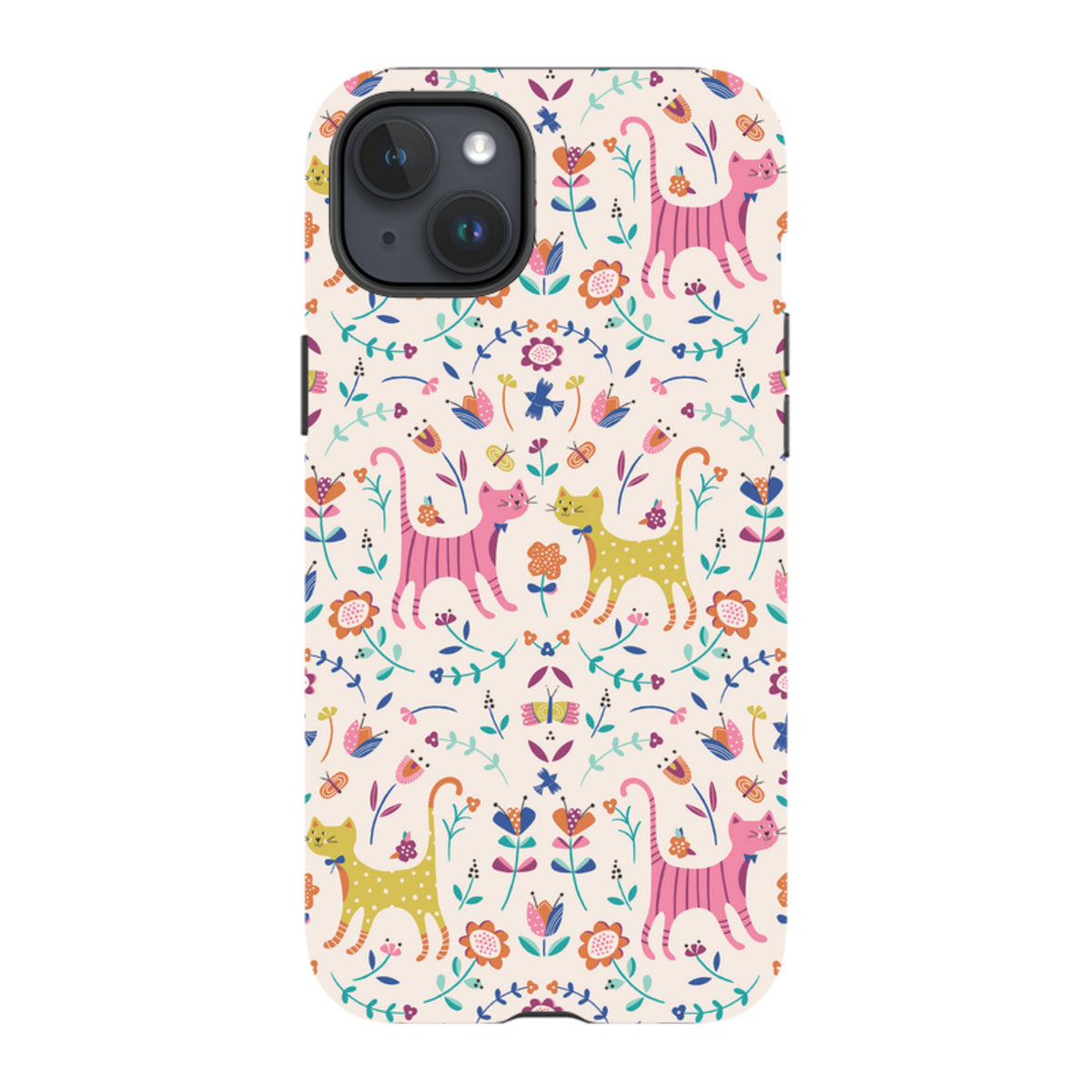 iPhone tough case featuring a cream background with colorful, whimsical cat and floral folk art patterns.