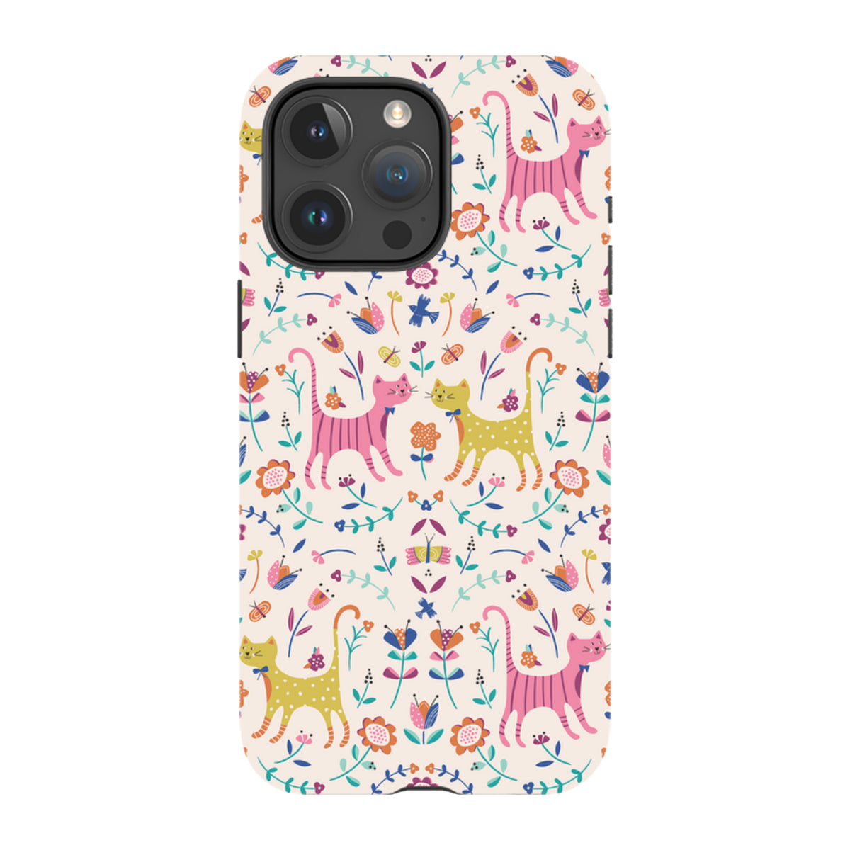 iPhone Tough Case featuring a colorful, whimsical cat and floral pattern on a cream background with dual-layer protection.