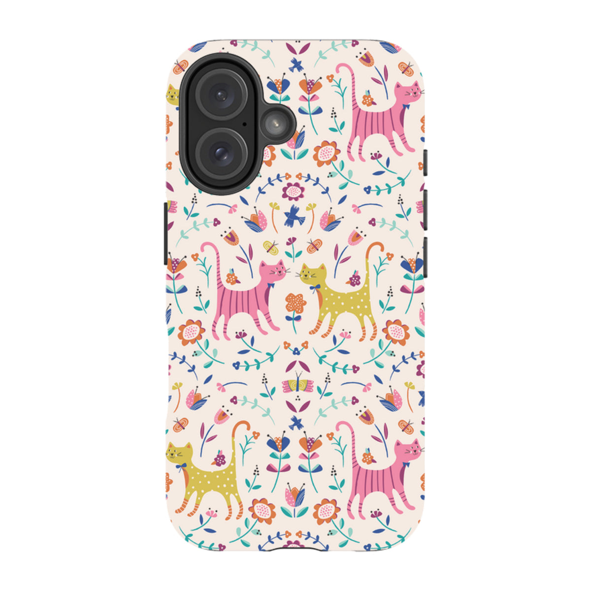 iPhone tough case with a cream background featuring a colorful, whimsical pattern of cats, flowers, and butterflies.