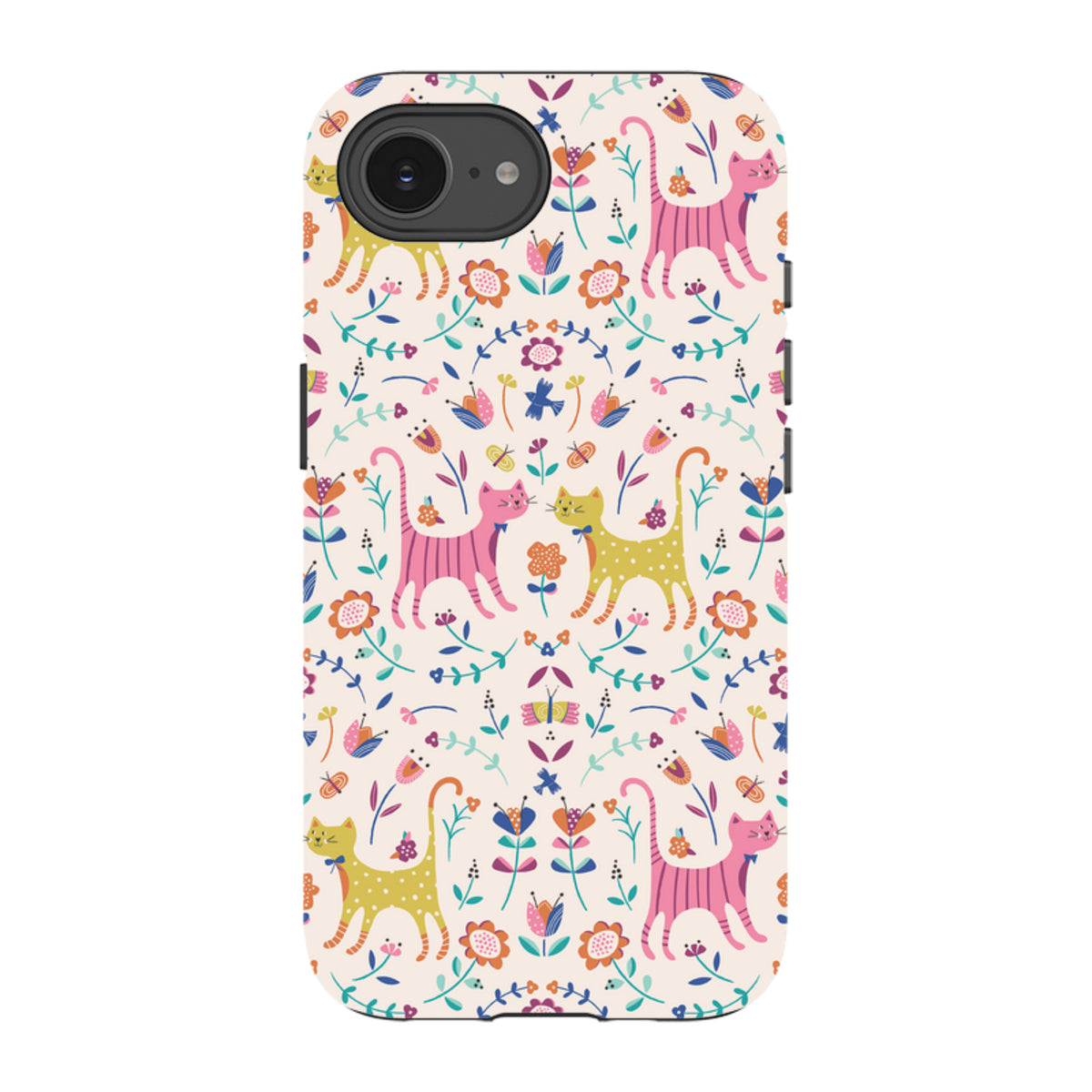 iPhone tough case featuring a colorful, whimsical pattern of cats, flowers, and butterflies on a cream background.