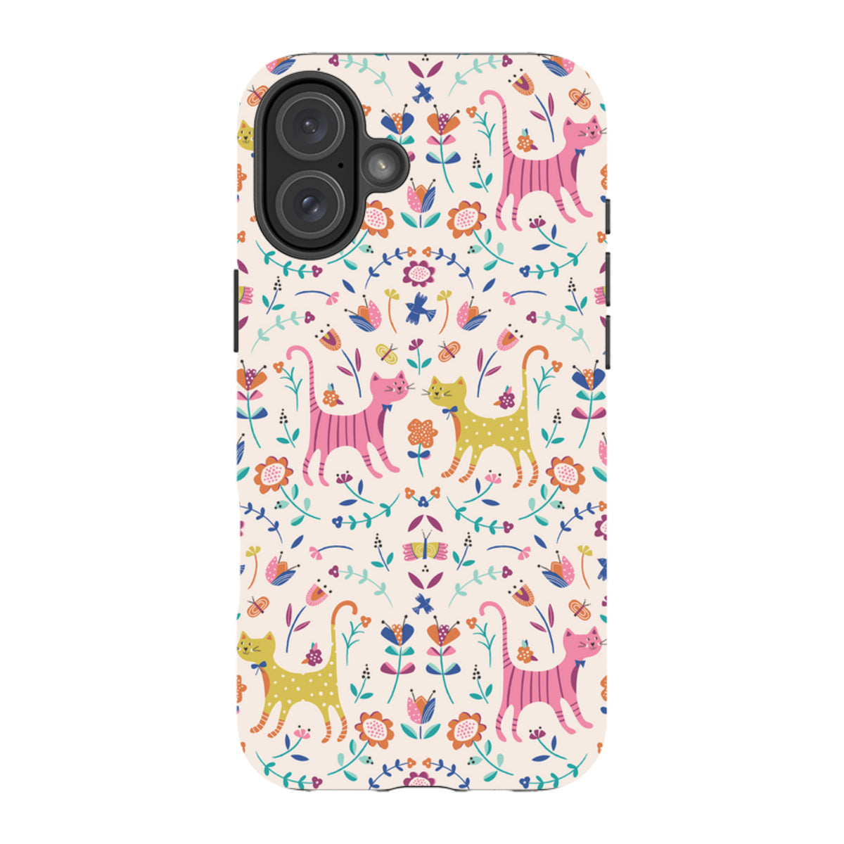 iPhone tough case featuring a colorful, whimsical pattern of cats, flowers, and butterflies on a cream background.