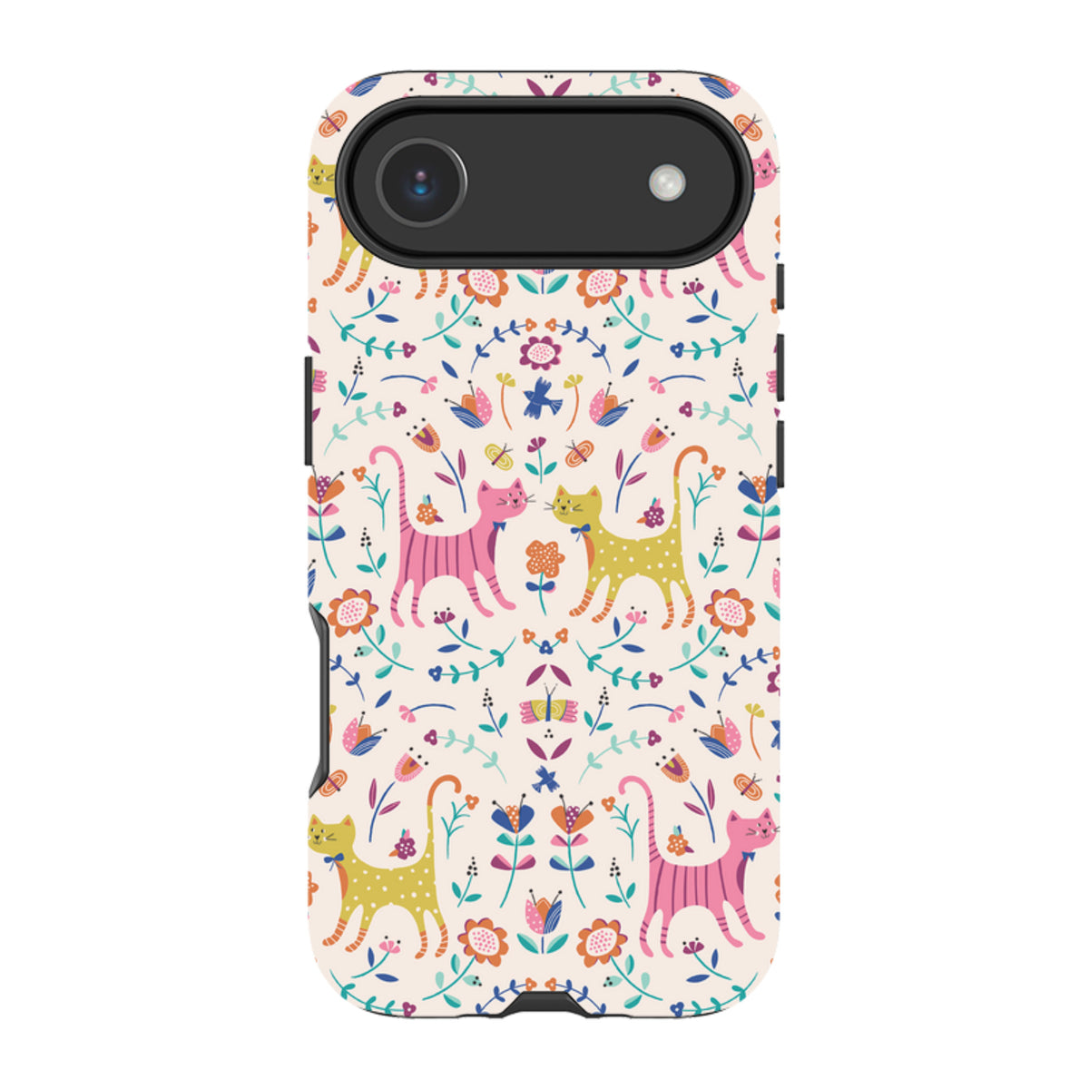 iPhone Tough Case featuring a colorful, whimsical cat and floral pattern on a cream background with black protective edges.