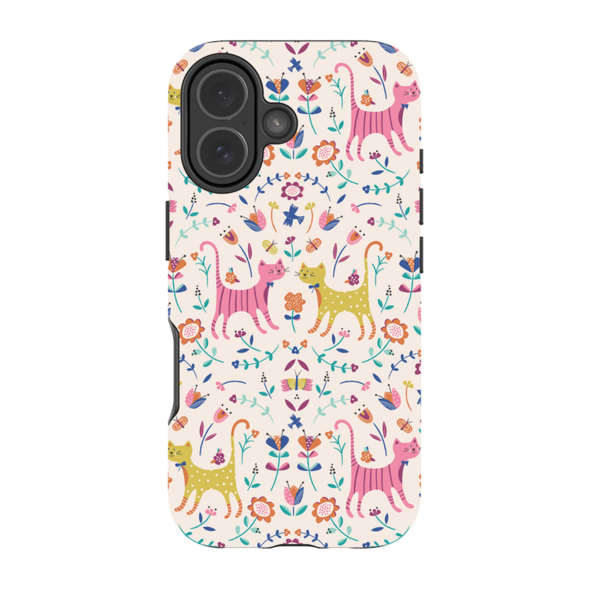 iPhone tough case featuring a colorful, whimsical pattern of cats and flowers on a cream background.