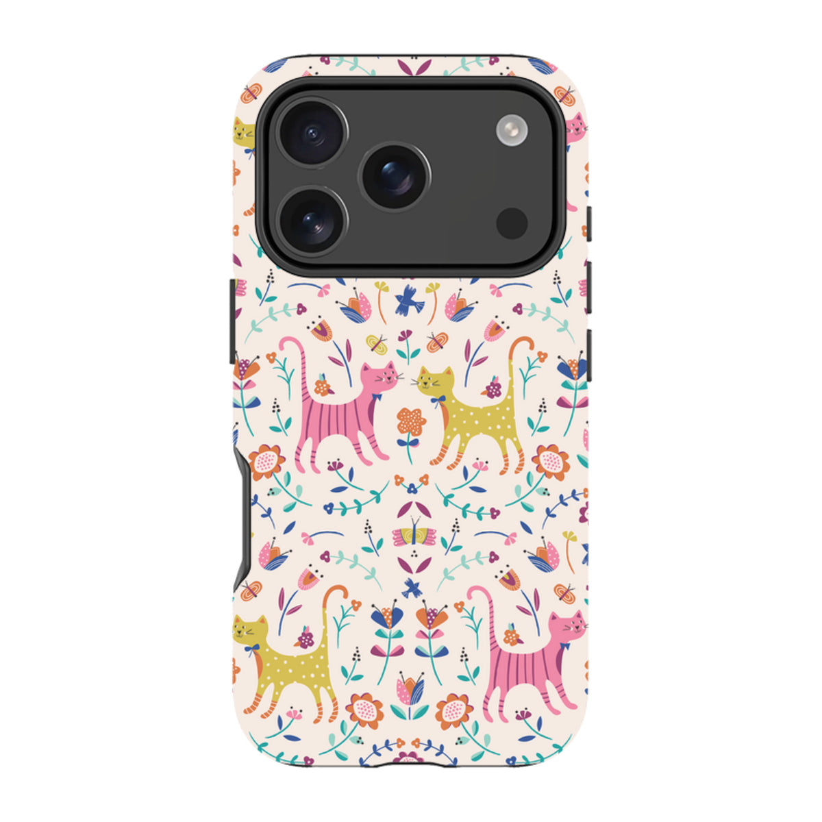 iPhone tough case with a cream background featuring a colorful, whimsical pattern of cats, flowers, and butterflies.