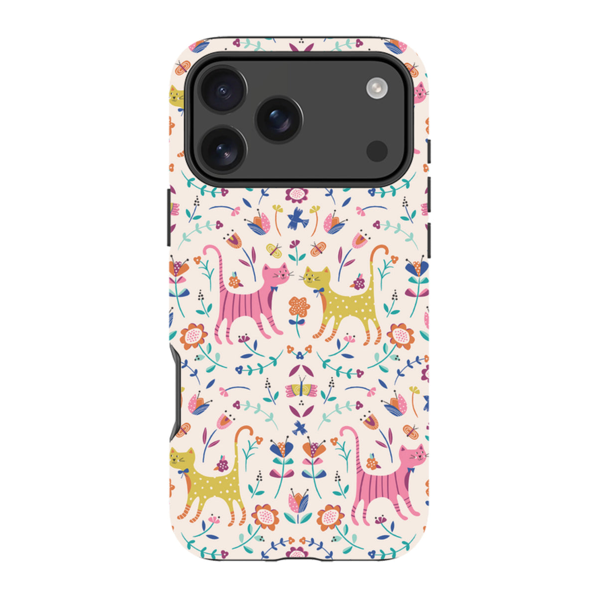iPhone tough case with a cream background featuring a colorful, whimsical pattern of cats, flowers, and butterflies.