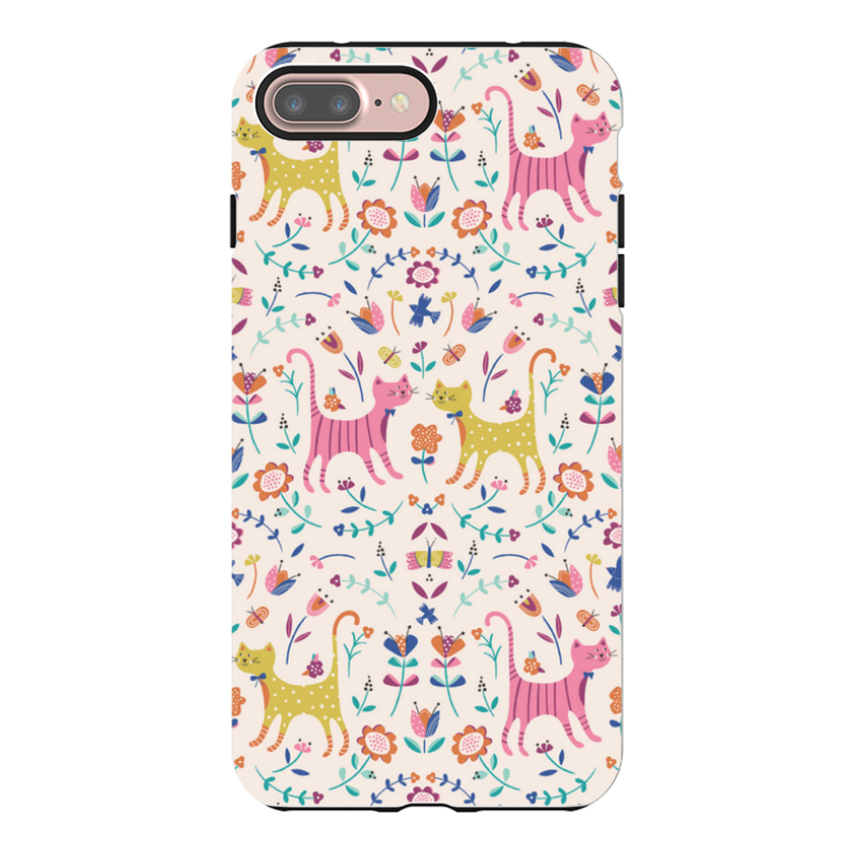 Dual-layer iPhone tough case featuring a colorful cat and floral pattern by Ali Brookes on a cream background.