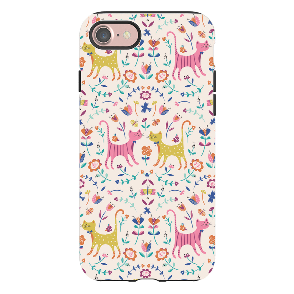 iPhone tough case featuring a colorful, whimsical pattern of cats, flowers, and butterflies on a cream background.