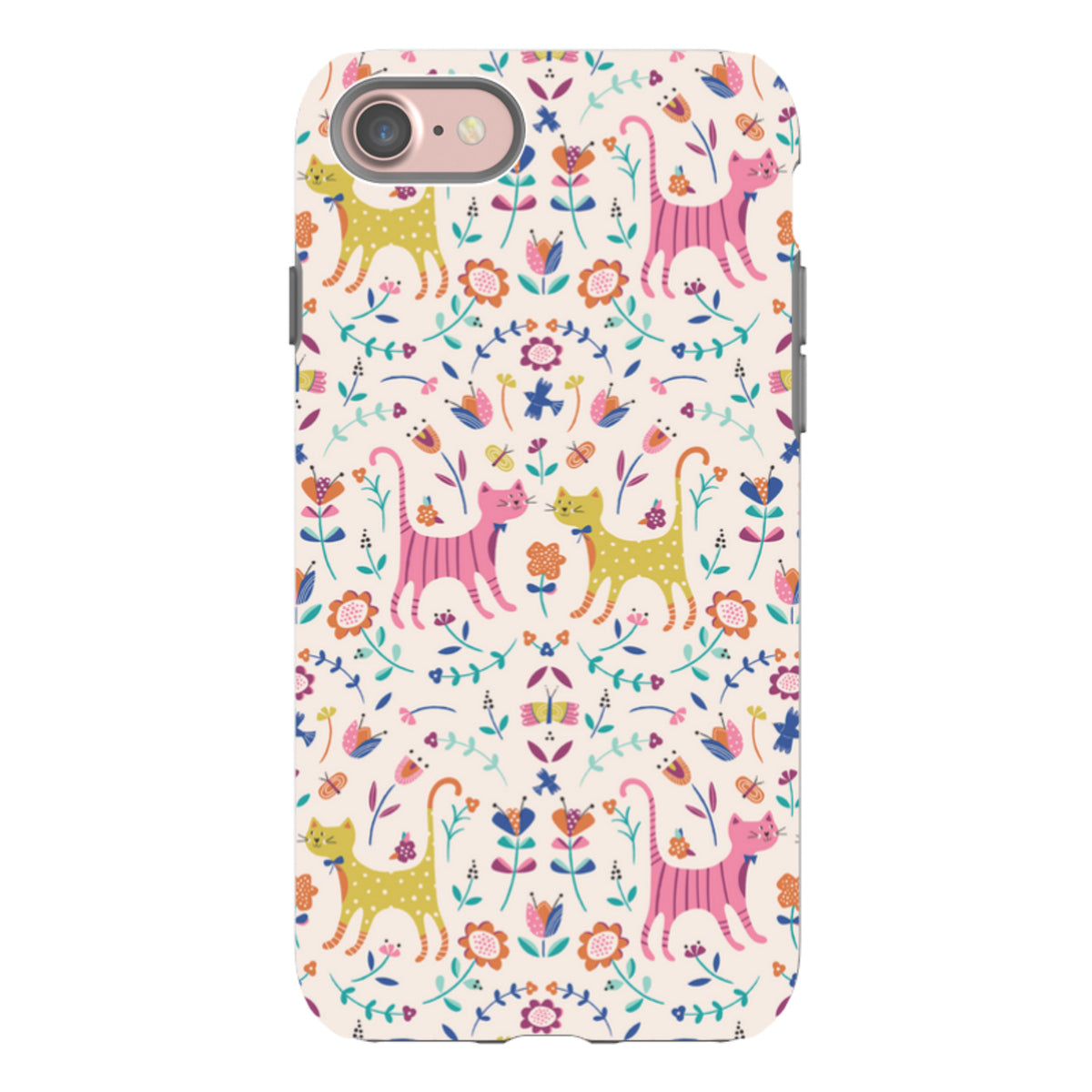 Dual-layer iPhone tough case featuring a colorful, whimsical pattern of pink and yellow cats, flowers, and butterflies.