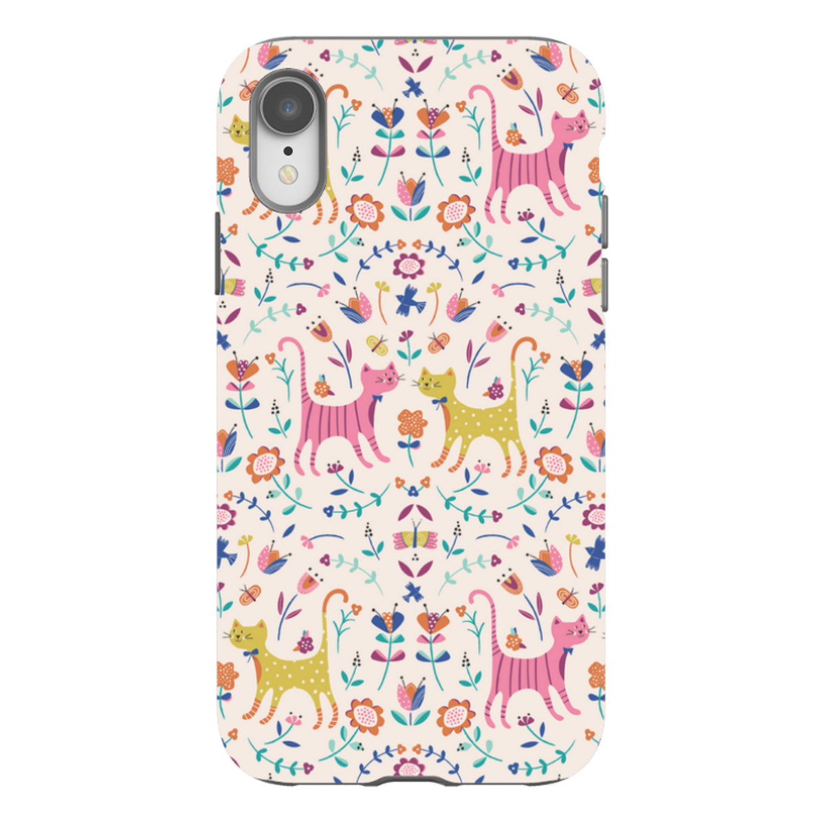 iPhone tough case featuring a colorful, whimsical pattern of cats, flowers, and butterflies on a cream background.