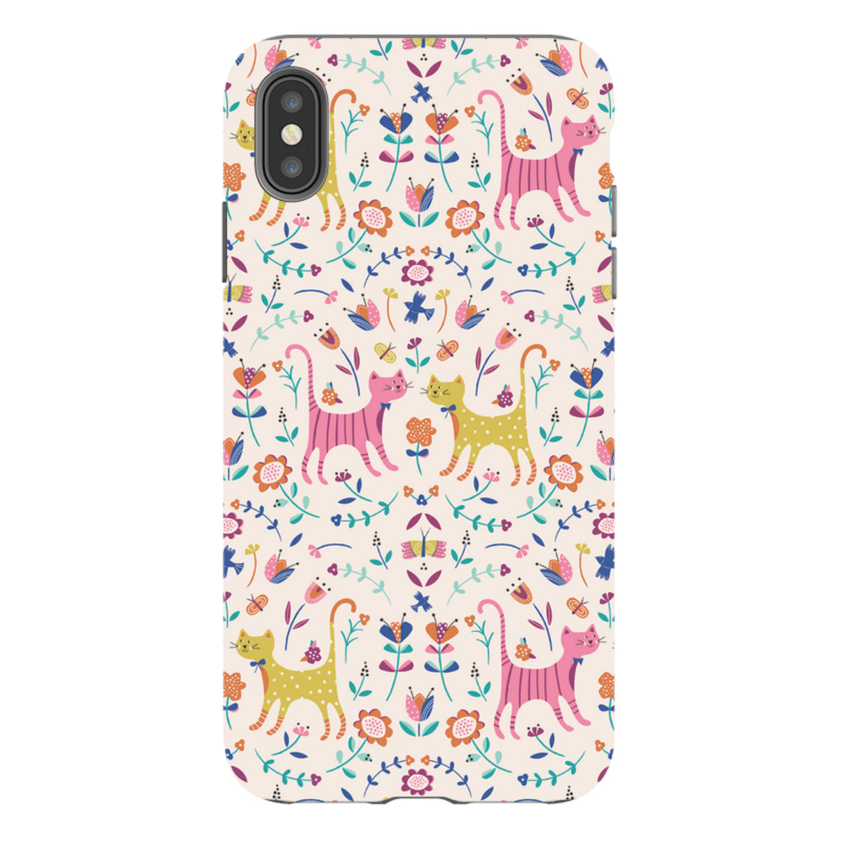 iPhone tough case featuring a colorful, whimsical pattern of pink and yellow cats, flowers, and leaves on a cream background.