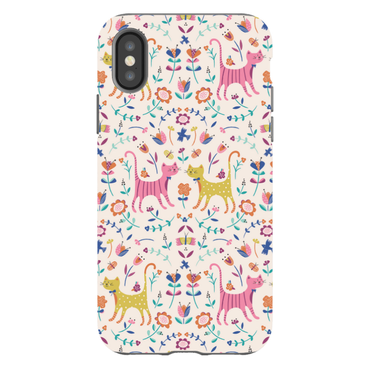 iPhone tough case with a cream background featuring a colorful, whimsical pattern of cats, flowers, and butterflies.