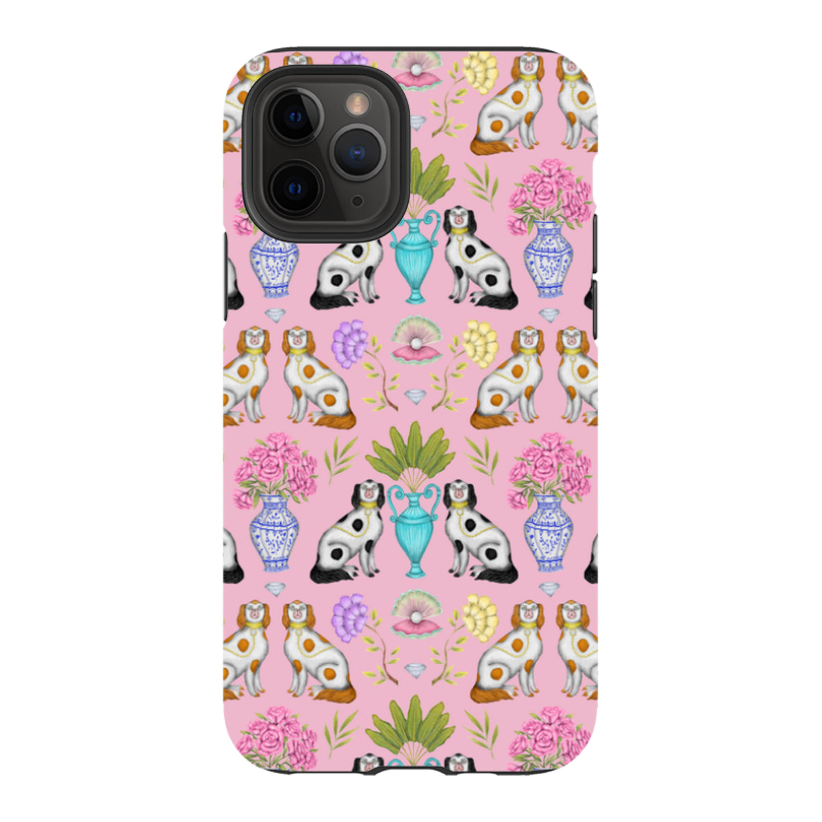 iPhone tough case with a pink pattern of dogs, blue vases, and flowers by Catherine Rowe, featuring dual-layer protection.