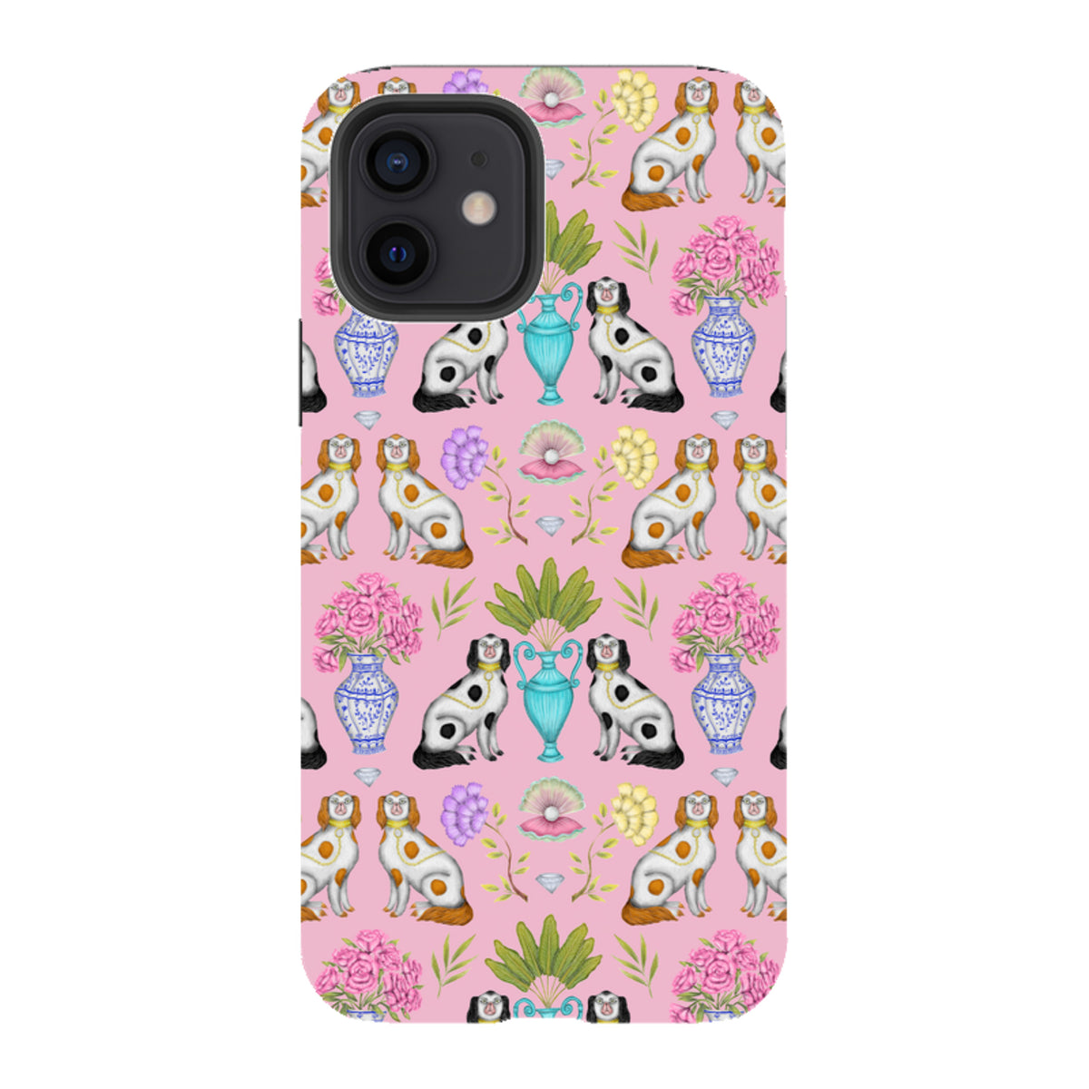 iPhone tough case with a pink pattern featuring dogs, blue floral vases, and flowers by Catherine Rowe.