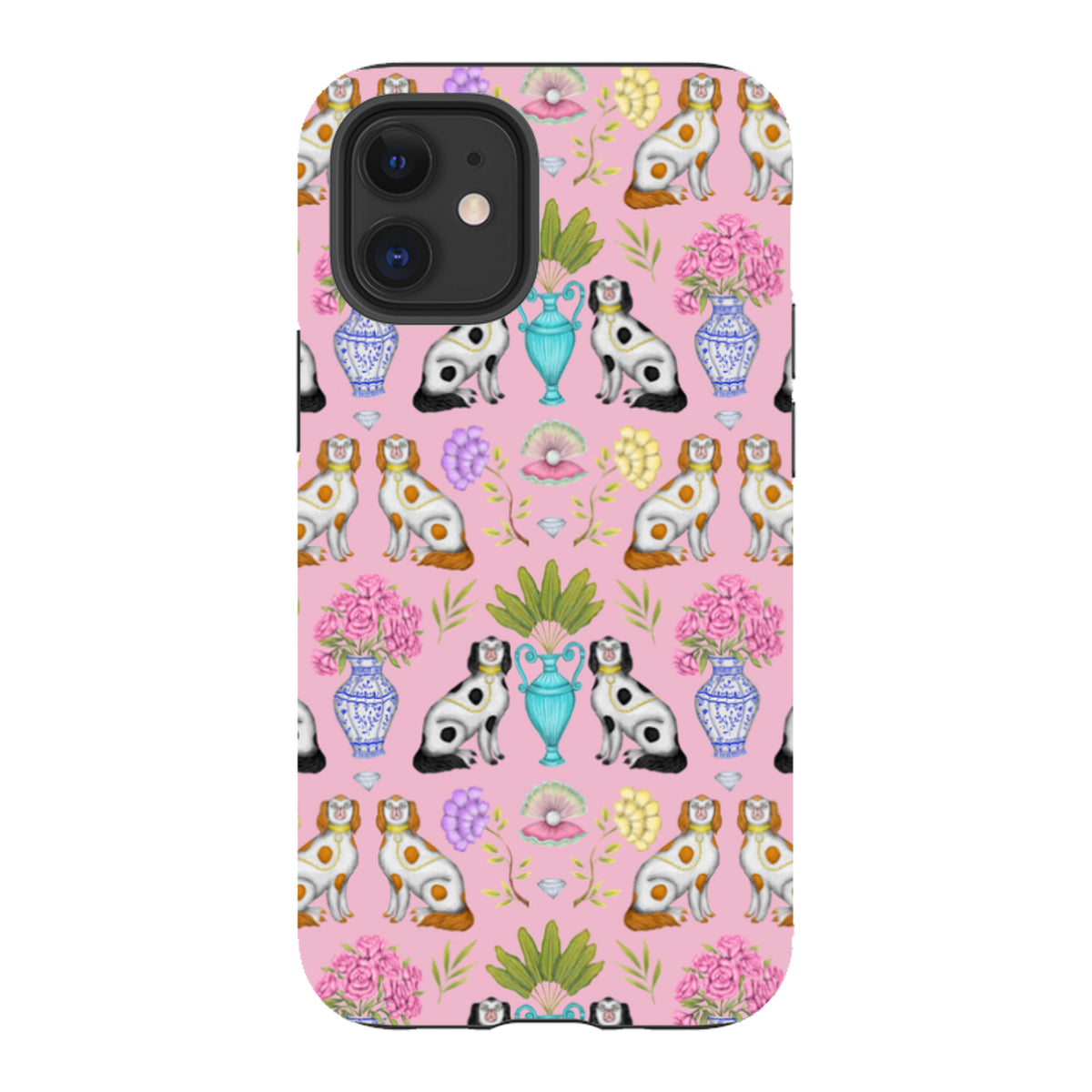iPhone tough case with a pink Miami China pattern featuring dogs, blue vases, and flowers by Catherine Rowe.