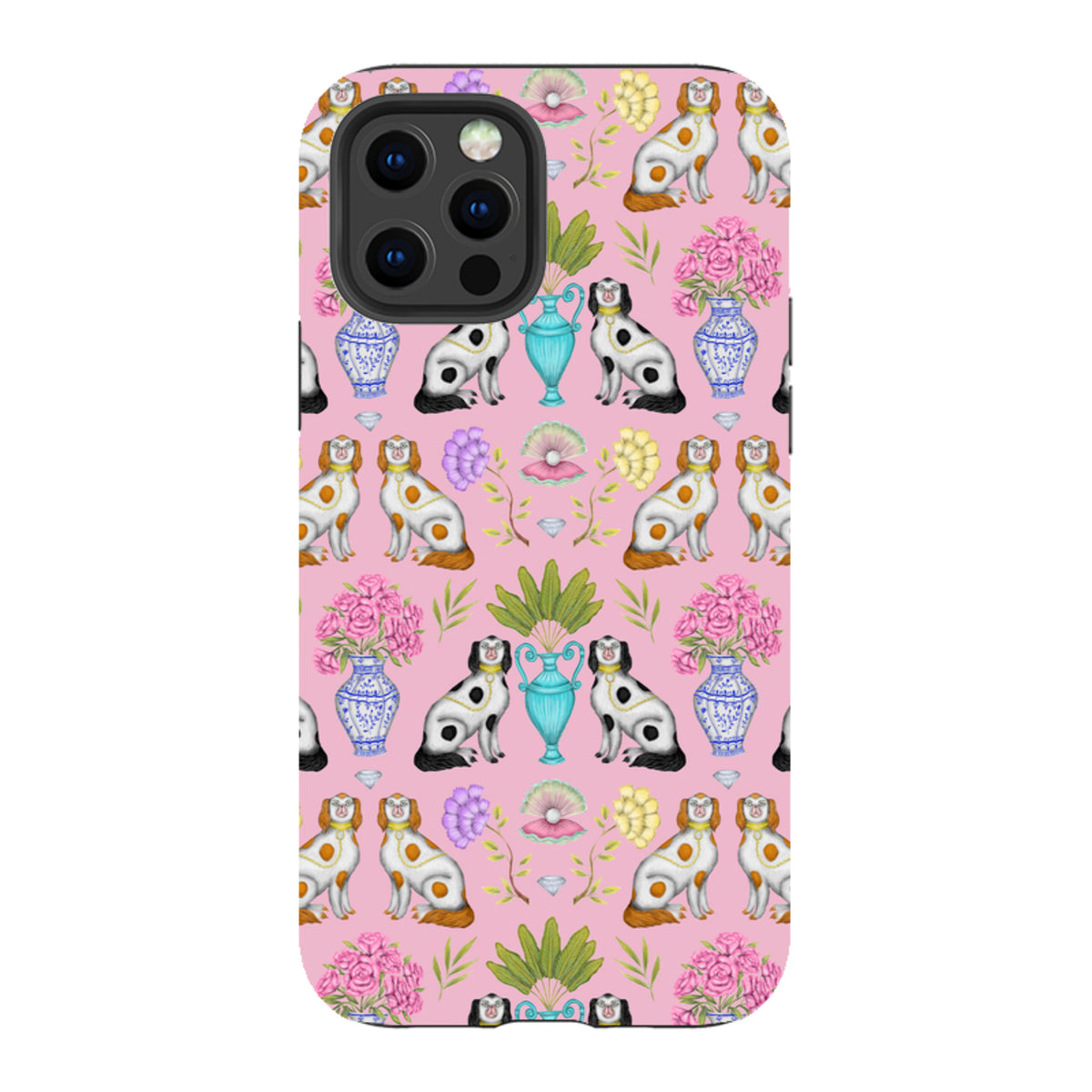 iPhone tough case with pink background, featuring a pattern of spaniel dogs, blue vases, and floral illustrations.